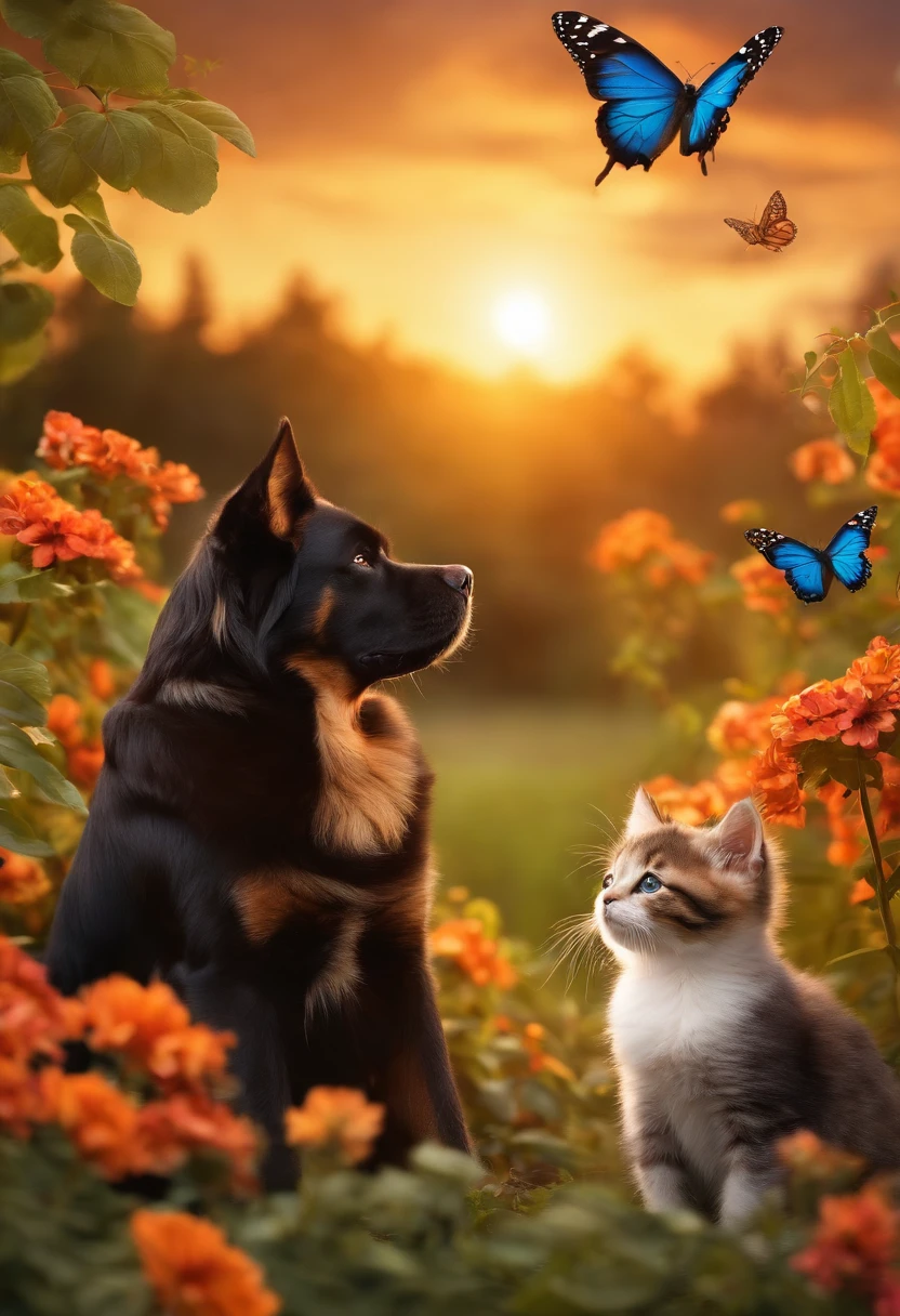 Dog and cat at a sunset with butterflies the color in a beautiful garden
