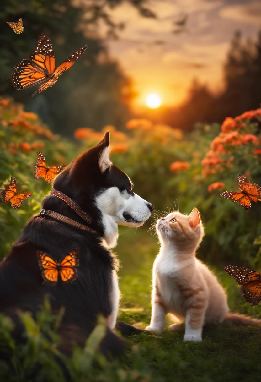 Dog and cat at a sunset with butterflies the color in a beautiful garden