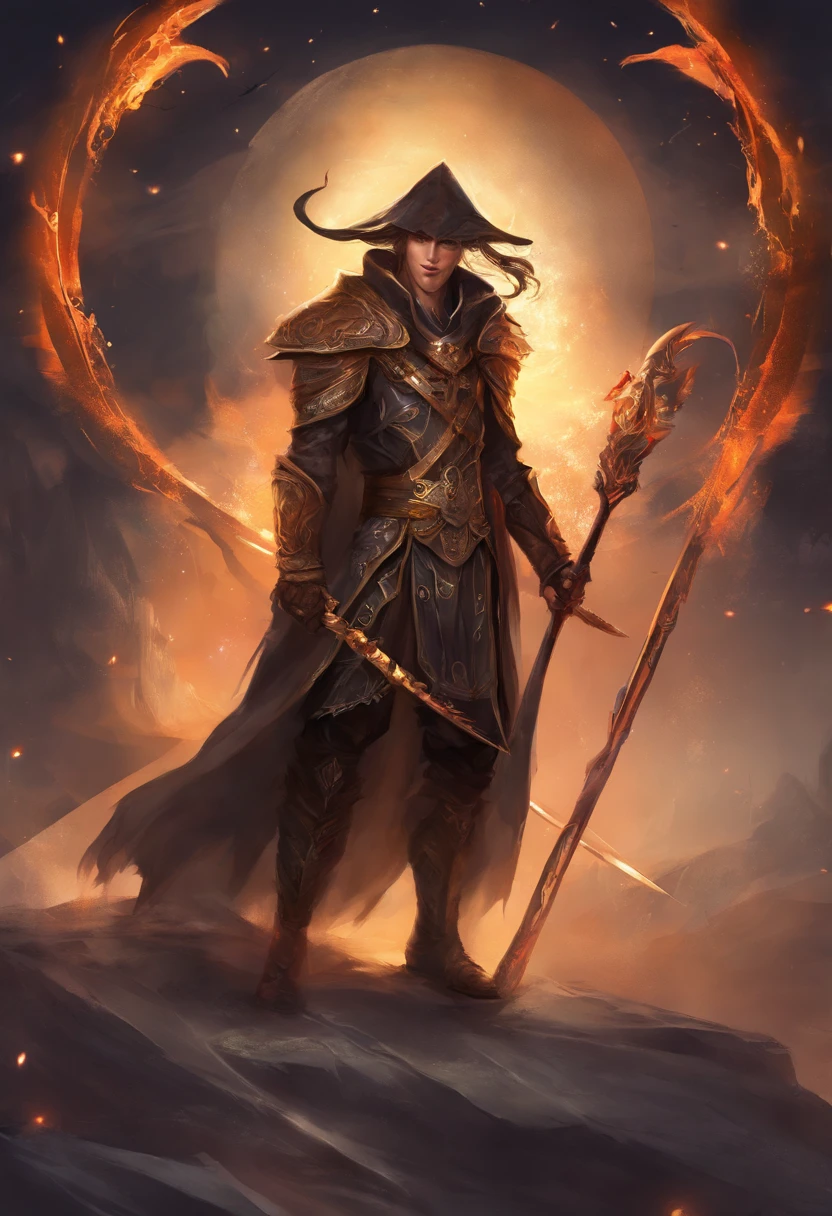 male antagonist with a scythe, his eyes filled with darkness and smiling. The scythe is extremely detailed, with sharp and menacing blades that reflect an eerie glow. His outfit is dark and tattered, adding to his sinister appearance. The background is black.