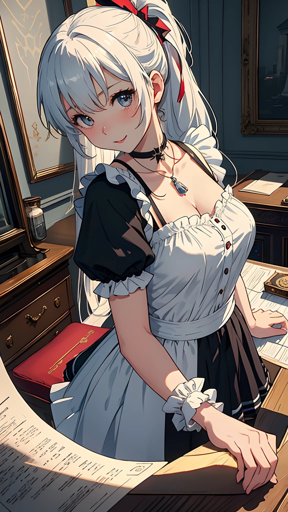Background with:Western aristocratic room（wide々and study、bookcase、Large desk lined with historical Western antiques、Big old clock、Large houseplants、astronomical telescope、antique、Old brown globe、Stuffed deer head）。Laugh invincibly、show the grinps、a smile、Curvaceous but slender、Fantastic hair color、ornament detached、Black and white and ruffled maid clothes、Separate Wear、Niso、accessorized、Bracelets、Misanga、a necklace、arm band、Muchimuchi Body、well-muscled、mole、shairband、Distinctive charm points、Eyebrows、Sareme、poneyTail、Muscular nose、red blush、offensive、one eye covered、sadist、Carrying a large scythe、Fleshy lips、Physical beauty、Black Choker、disheveled hair、Unique fashion、Depiction in motion、soft sunlight、Combining Light and Shadow、(top-quality、hight resolution、8k、​masterpiece:1.2) 、(Cute)(masutepiece), (Best Quality),1girl in,Upper body,(double exposure:1.2),(Simple background:1), (Cinematic Angle),(Dynamic Angle),(Low contrast),(Flat color:0.7)。complex details beautiful and delicate eyes, Smooth Anime CG Art, Detailed Digital Anime Art, official artwork, pixiv style, Detailed anime artwork,