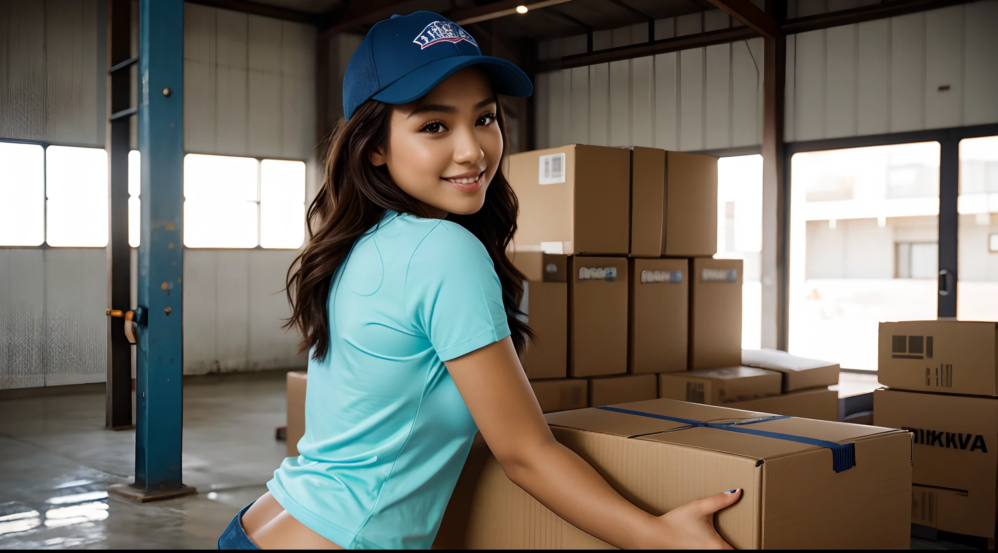 naked delivery girl outside next to her delivery truck. She wears a sky blue uniform shirt and a cap, but no pants. She holds a cardboard box.