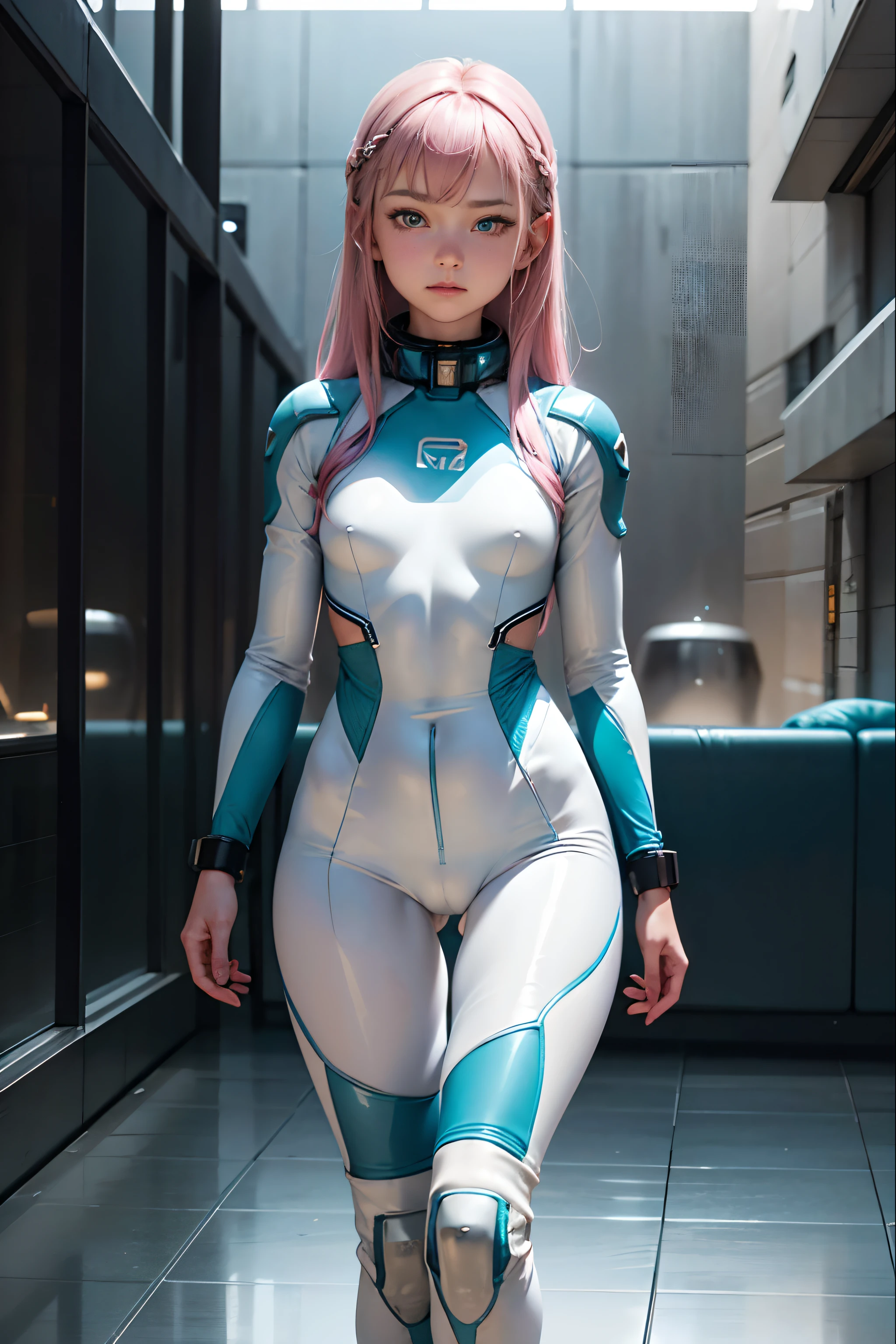 16mm, rule of thirds composition, depth of field, enders game style, extreme details, (full body:1.2), walking towards the viewer, (white and teal skin-tight full-body spacesuit:1.2), athletic european woman, 18 years old, pink hair, realistic body proportions, (natural body:1.2), relaxed face, beautiful face, perfect hands, futuristic army boots, cameltoe, thigh gap, small hips, lights on armor, (spaceport in background:1.2), solo.