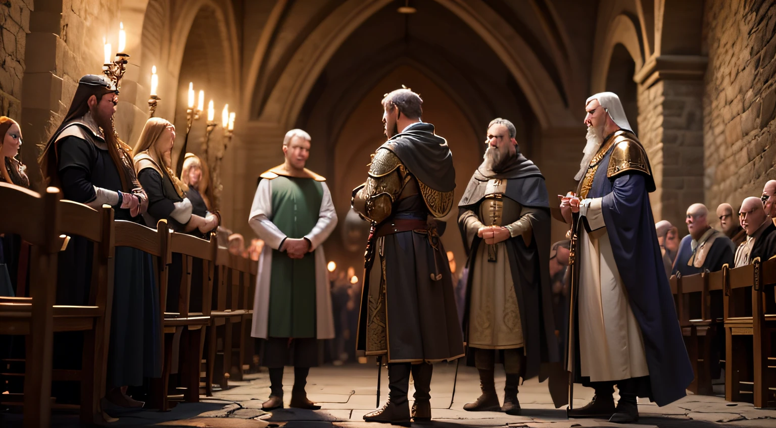 A group of medieval men performing a solemn oath ceremony outside the church, (best quality,4k,8k,highres,masterpiece:1.2), ultra-detailed, (realistic,photorealistic,photo-realistic:1.37), HDR, UHD, studio lighting, extreme detail description, professional, vivid colors, bokeh, portraits, landscape, (medieval textures, aged textures), dimly lit by candlelight.