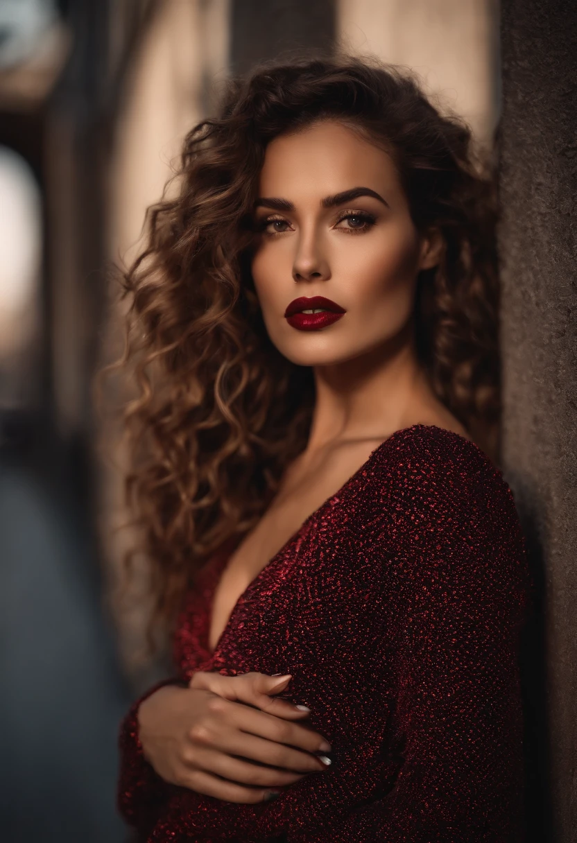 Sexy femme merveilleuse portant une combinaison de homewear ,rouge a levre ,8k, ombre , City background , poses sexy, long curly hair,