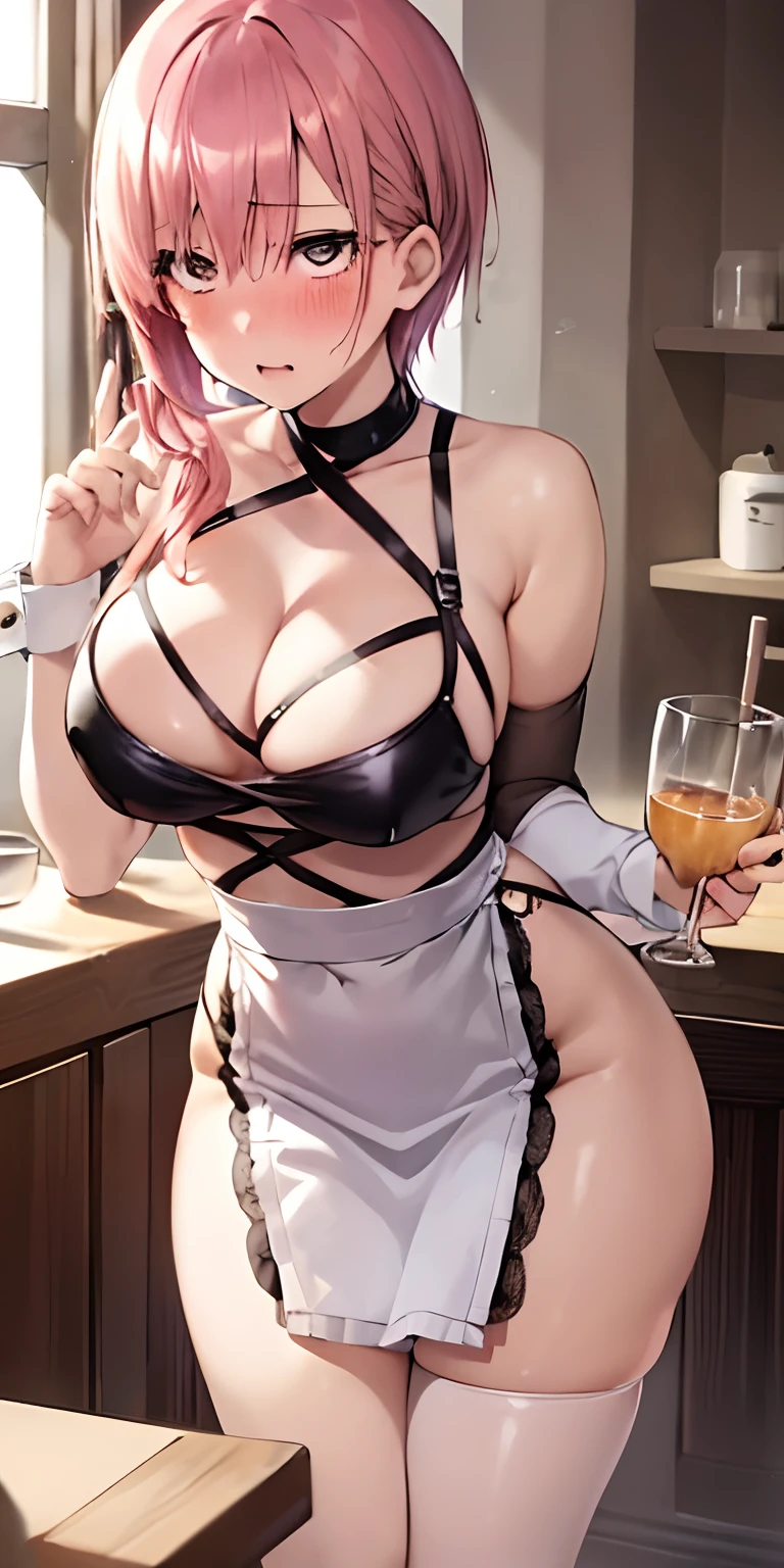 1girl, solo, nakano ichika, pink hair, short light pink hair, (naked:1.3), (white apron), large breasts, cleavage, thighs, cafe background, (blushing:1.3)