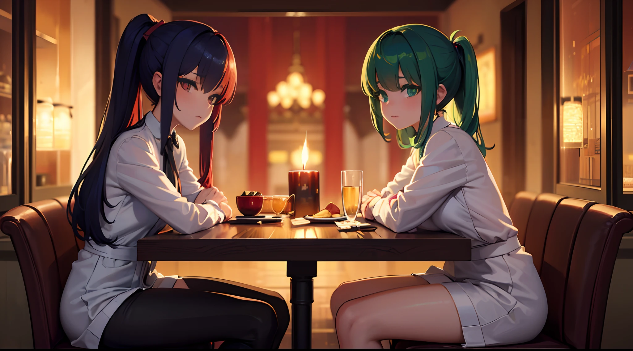 masterpiece, lots of detail, 4k, 8k, ((ultra-detailed)), highres, 2girls, dinner date, restaurant, candlelight, {red hair|green hair|black hair|blue hair}, {ponytail|short hair|long hair|curly hair}