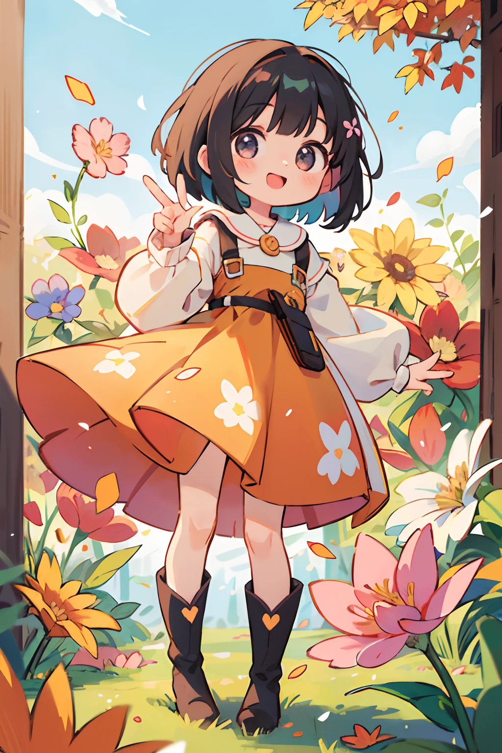 Stand in front of the photo、1girl in,Full body,Short Bob,,long boots,Open mouth and big smile、kawaii pose、Flowing iridescent silk、up of face、Eye Up、Colorcon with heart pattern、Floral dress、There are flowers even in front of you、flower petals、season!!:autumnal☀ 🍂