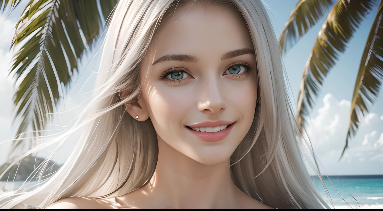 (Masterpiece, Best Quality, Photorealistic, high resolucion, photography, :1.3), Close-up shots of faces, Close-up shots of faces, Close-up shots of faces, Sharp focus, (1 Girl, A European girl, Popular models), Realistic skin, Slender body type, Big breasts, (Her long, Pure white silver hair swept to the side, extremely detailed hair), Delicate sexy face, Organoleptic gases, Sparkling lips,(green pupil),(green pupil),(green pupil), ((realisitic, A hyper-realistic, realism, realistic detailed)), (Medium Tits:1.5), (White tank top T-shirt and ripped jean shorts), (A slender waist), (slim thigh), (Small hips), (Sorrisos), (seaside, waves, palm tree) (seaside, waves, palm tree), (Long straight hair), A woman is standing, (Sorrisos), (Sorrisos)