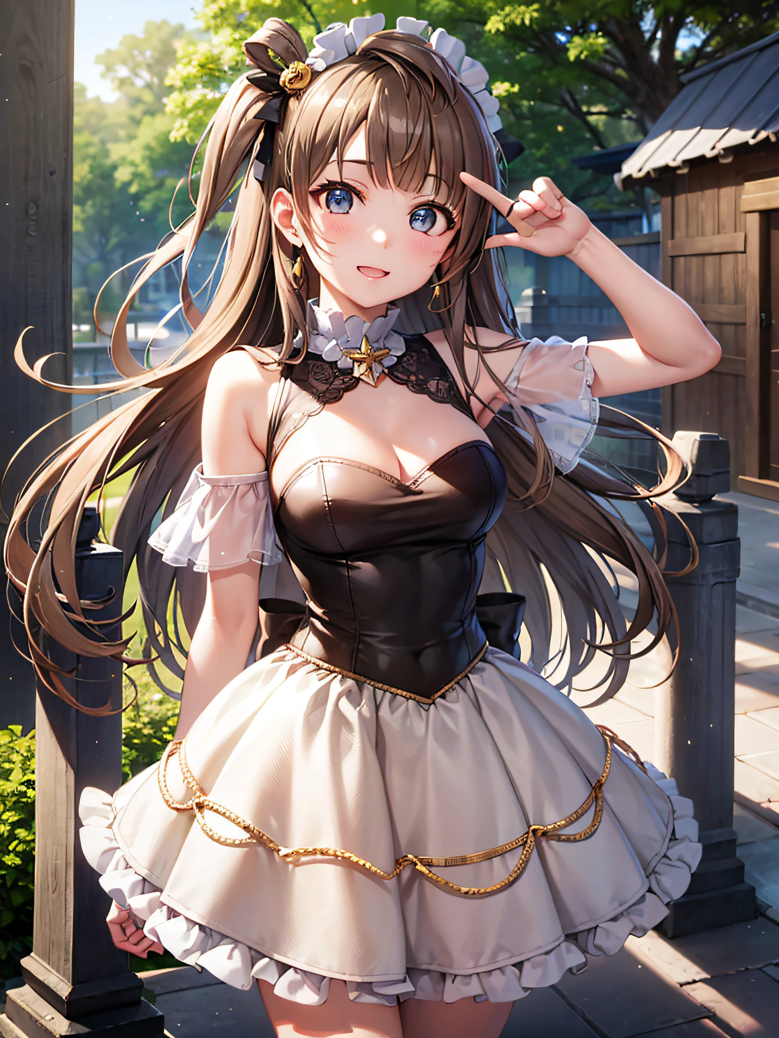 ​masterpiece、top-quality、ighly detailed、realisitic、Minami Kotori,Brown hair、Tall girl with brown eyes, long curly white and golden brown hair,,,Three-dimensional feeling、full-body view、 [3D images:1.25]、a park、 super precision、[[In high-quality anime、Cute Minamikotori with light brown hair and beautiful eyes:1.15]], (8ＫImagen:1.10)、Attractive eyes、Dress correctly、best pictures, Detailed finger、masutepiece, Photorealistic, High resolution, Soft light, Make you feel like you've breathed in,Idol costumes