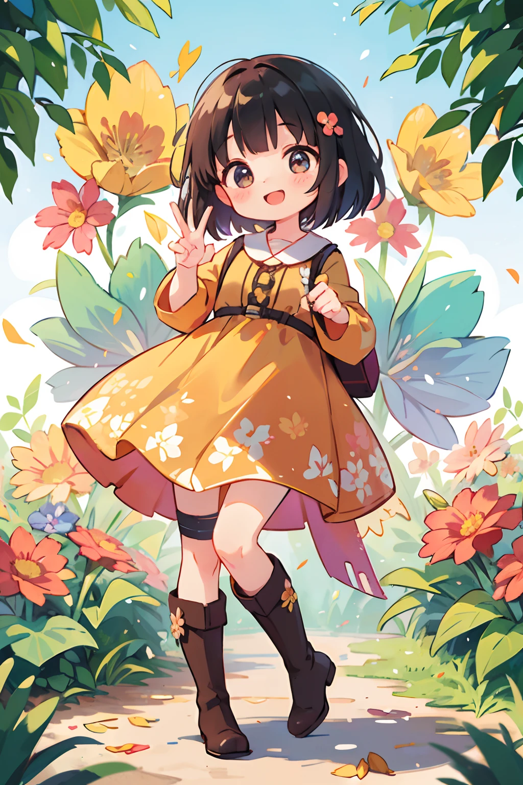 Stand in front of the photo、1girl in,Full body,Short Bob,,long boots,Open mouth and big smile、kawaii pose、Flowing iridescent silk、up of face、Eye Up、Colorcon with heart pattern、Floral dress、There are flowers even in front of you、flower petals、season!!:autumnal☀ 🍂