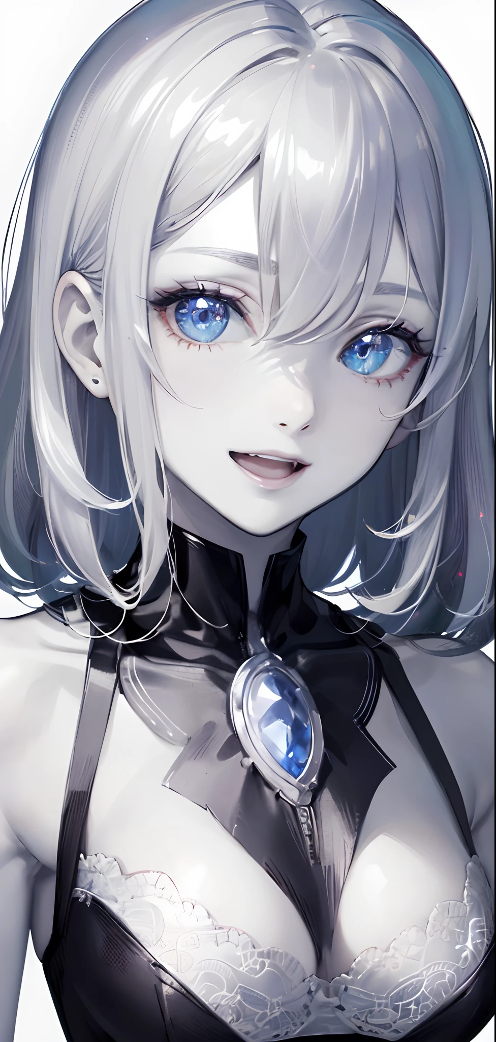 masterpiece, best quality, a woman, pale skin, ((perfect anatomy)), eyes, eyebrow, ears, nose, open mouth, lips, smiling, hair, locks, bangs, ((light effects on hair)), looking at viewer, ((white background))