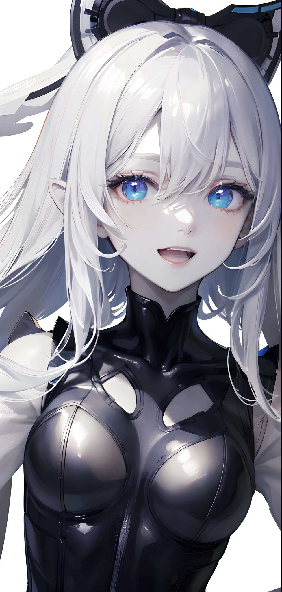 masterpiece, best quality, a woman, pale skin, ((perfect anatomy)), eyes, eyebrow, ears, nose, open mouth, lips, smiling, hair, locks, bangs, ((light effects on hair)), looking at viewer, ((white background))