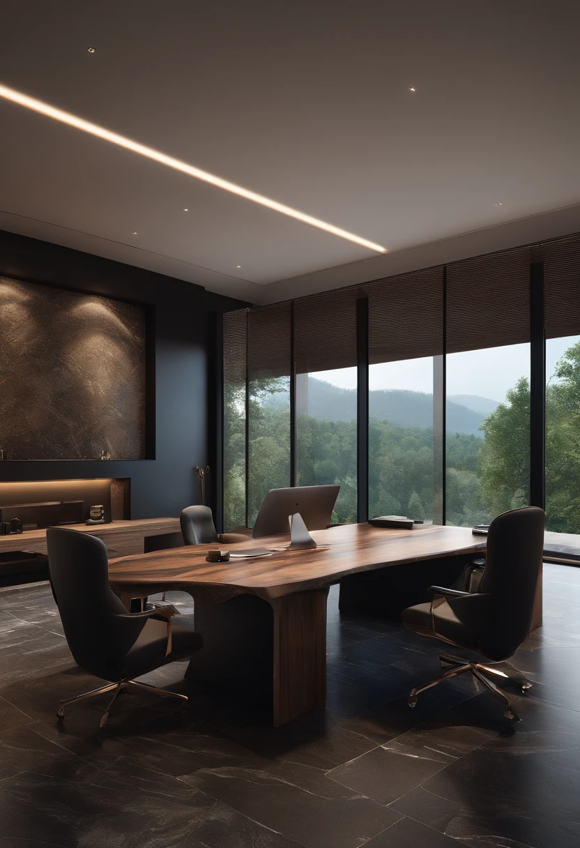 home office modern in villa, conference desk in middle of the room, black natural stone on floor, Bookmatch stone slab on wall with blue and brown color, sun window on roof , forest view, hyper realistic, high detailed, 8k, high quality