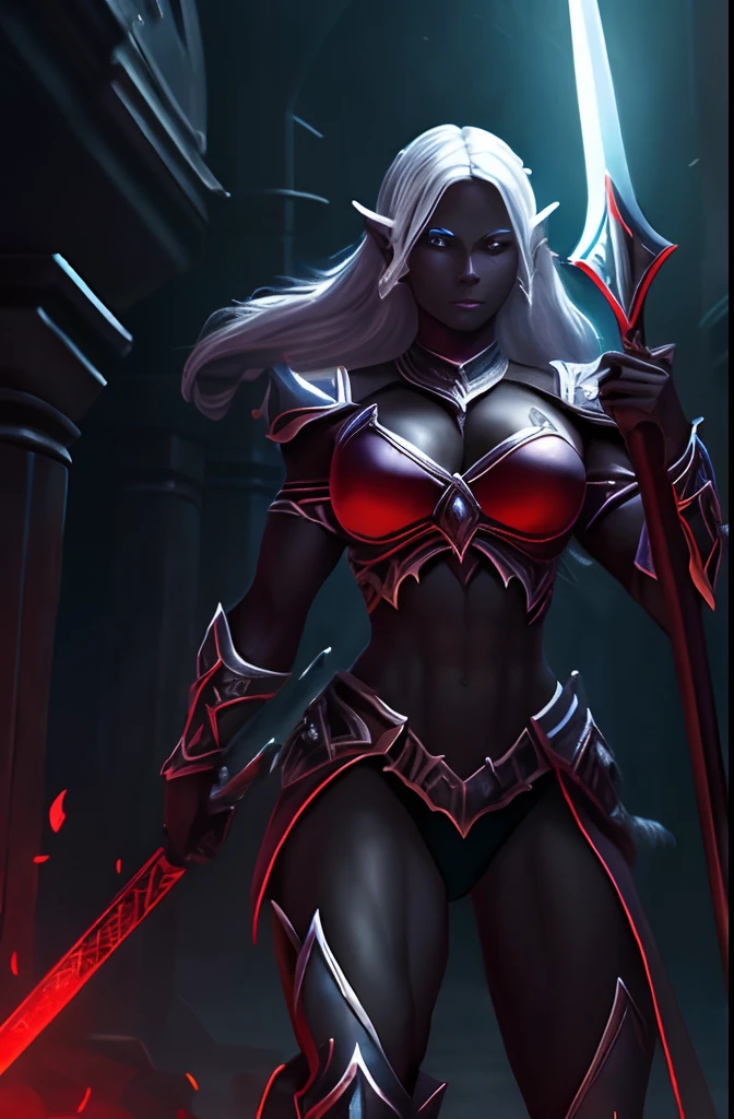 A beautiful athletic paladin female drow(dark elf), fit muscular ripped body, black skin like coal, red eyes glow, wielding a long sword and shield, wearing a full leather armor, fighting stance, underdark fantasy art, dim light source, background of Menzoberanzann, cinematic lighting, highly detailled, best quality, masterpiece, 8k --auto