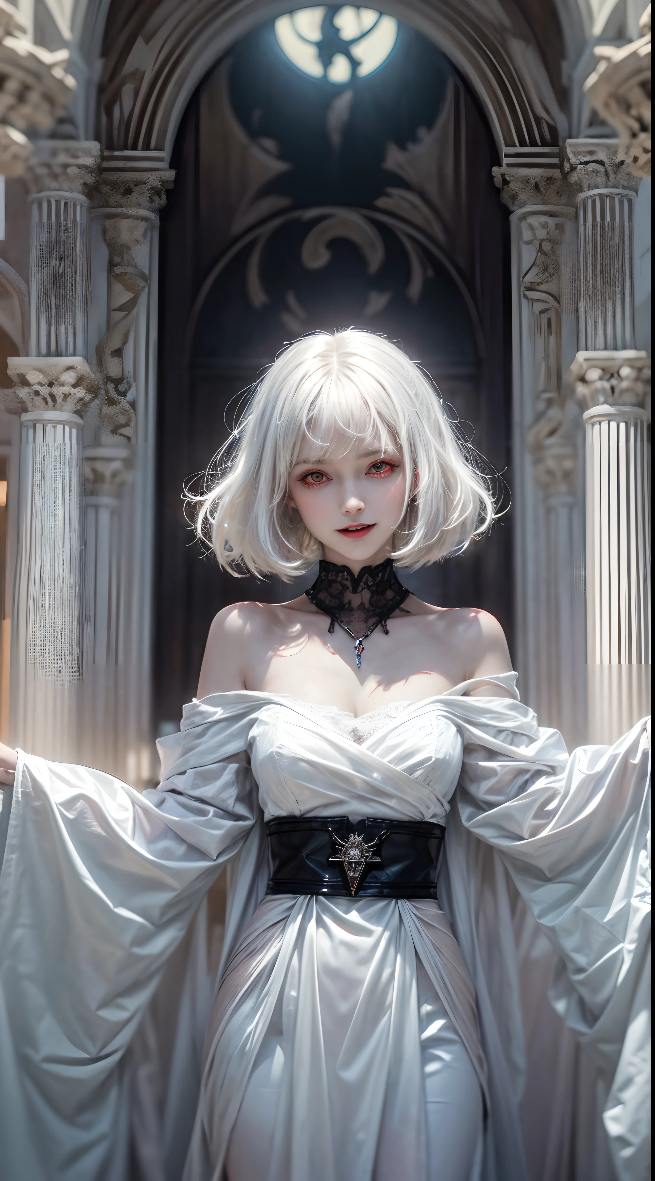 (((Masterpiece, best quality, highres))), (((vampire girl, red eyes, evil smile))), ((pale skin)), ((gothic white dress, bob cut hair, white hair)), hyperrealist portrait of female by david hockney and alphonse mucha, fantasy art, photo realistic, dynamic lighting, artstation, poster, volumetric lighting, very detailed faces, perfect face, perfect hands, 4 k, award winning, 1girl, in the dark, deep shadow, low key, cowboy shot)), ((ancient background)).