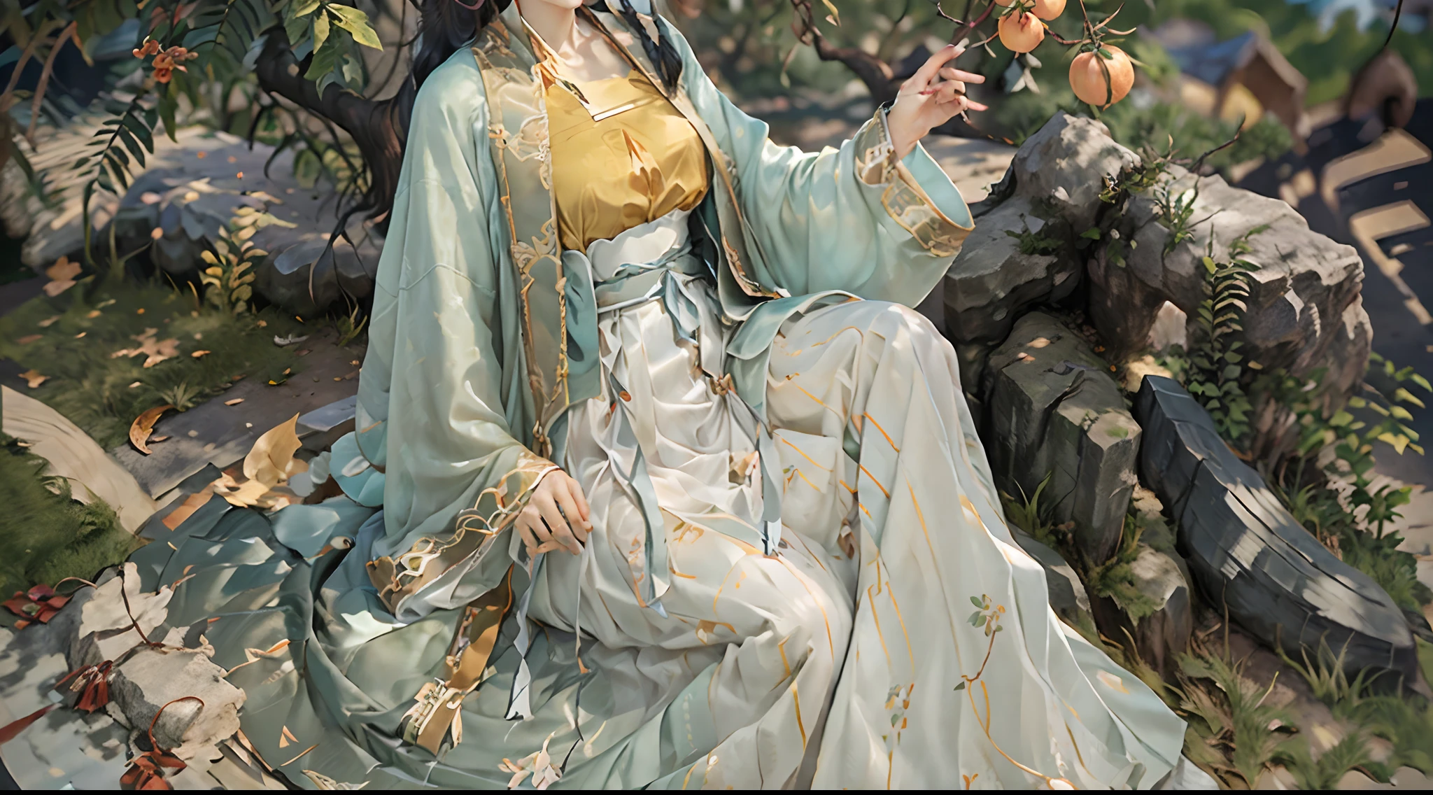 Close-up of a girl wearing a turquoise gradient，Age 12-16 years, Wearing a yellow-orange dress，Persimmon in hand,Persimmon Grove Manor，Brunette disc hairpin hairpin,Hyper-detailing，Loose detail dress accessory, Tulle fabric with streamers, Ayara satin，Wide skirt, Streamer decoration，refined demeanor, Poetic and picturesque，Royal Palace backyard ， A girl in Hanfu, Hanfu, Traditional Chinese clothing, Wearing ancient Chinese clothes, Chinese costume, Chinese dress, Princesa chinesa antiga, White Hanfu, Chinese style, with acient chinese clothes, Chinese traditional, China Princess, ancient asian dynasty princess, Chinese girl, 20th century Tang Hanfu style，The sunny season is the harvest season in autumn，The atmosphere of the picture should render the feeling of autumn，Cover palms，Avoid drawing hands
