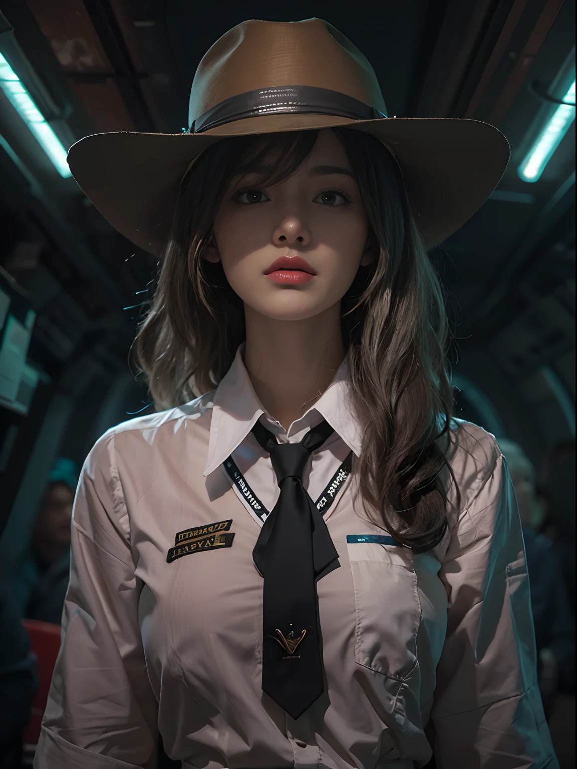 (In the Dark: 1.6), surreal female portrait by David Hockney and Alphonse Mucha, fantasy art, photorealism, dynamic lighting, artstation, poster, volumetric lighting, very detailed faces, 4k, Award Winning, 1girl, In Dark, Deep Shadow, Low Key, Cowboy Shot, (Stewardess Uniform: 1.4), Long Hair, White Hair, Bust, Terminal, Medium Boobs