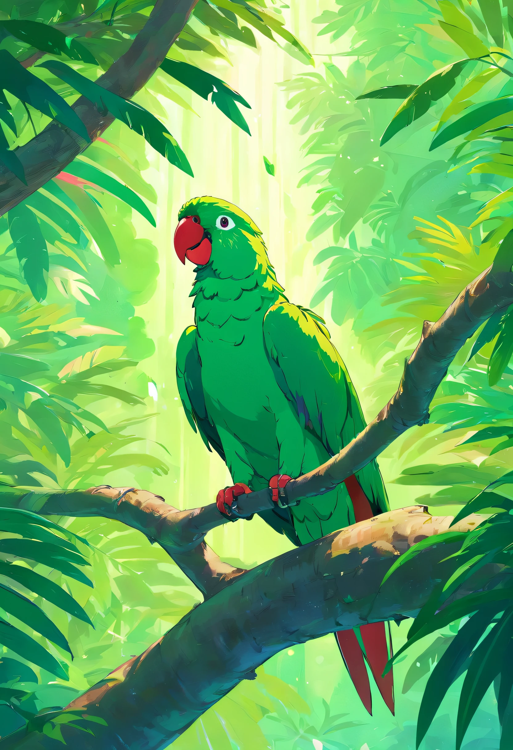 There was a parrot in the tree, Parrot song, beautiful green feathers, SNES Painting