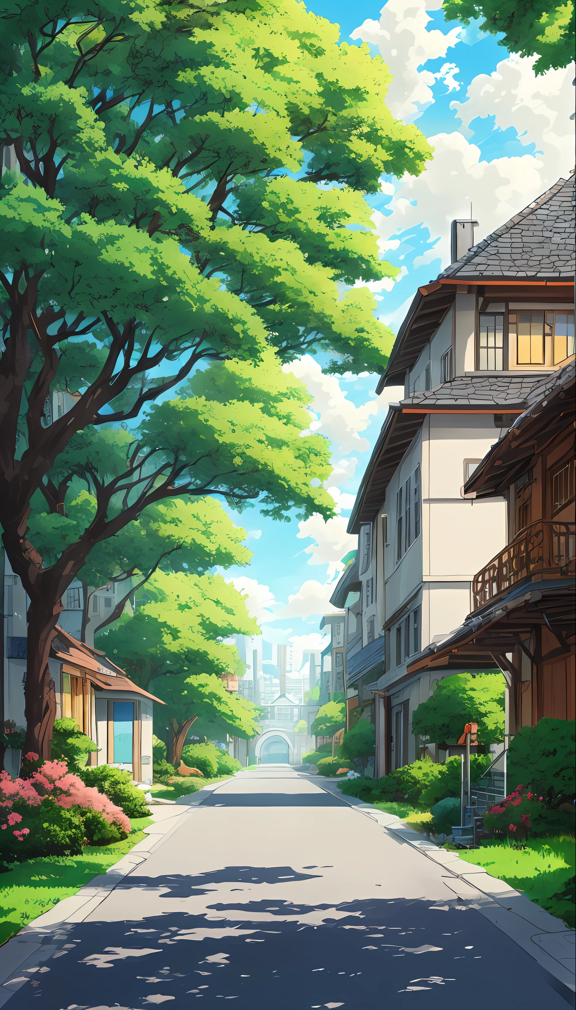 anime landscape, anime background art, anime style cityscape, anime beautiful peace scene, beautiful anime scenery, beautiful anime scene, anime country scenery, street, house, green tree, anime landscape concept art, anime scenery, anime background, town background