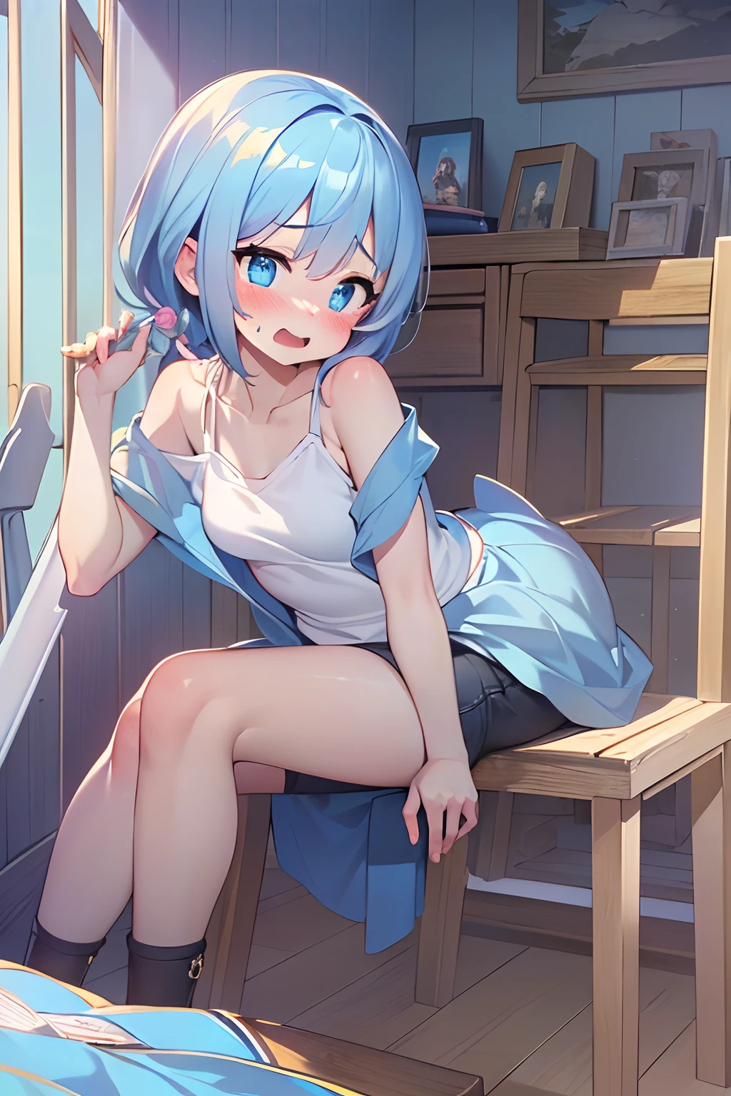 Masterpiece, high resolution, extremely detailed, realistic, 1 girl, (((cute face, cute eyes, short sky blue hair, bright blue eyes, lovestruck, blushing, embarressed, sitting on small wooden chair))), ((bedroom, in corner))