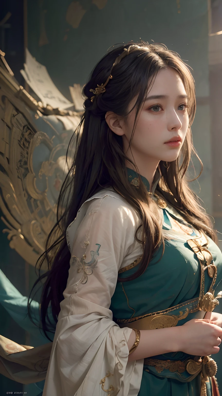 (RAW photo, best quality), (realistic, photo-realistic:1.3),best quality,highly detailed,masterpiece,ultra-detailed,illustration,1girl,upper_body,dynamic angle,world masterpiece theater,messy_long_hair,best quality,extremely detailed CG unity 8k wallpaper,ink,Amazing,cinematic lighting,lens_flare,,dunhuang_style
