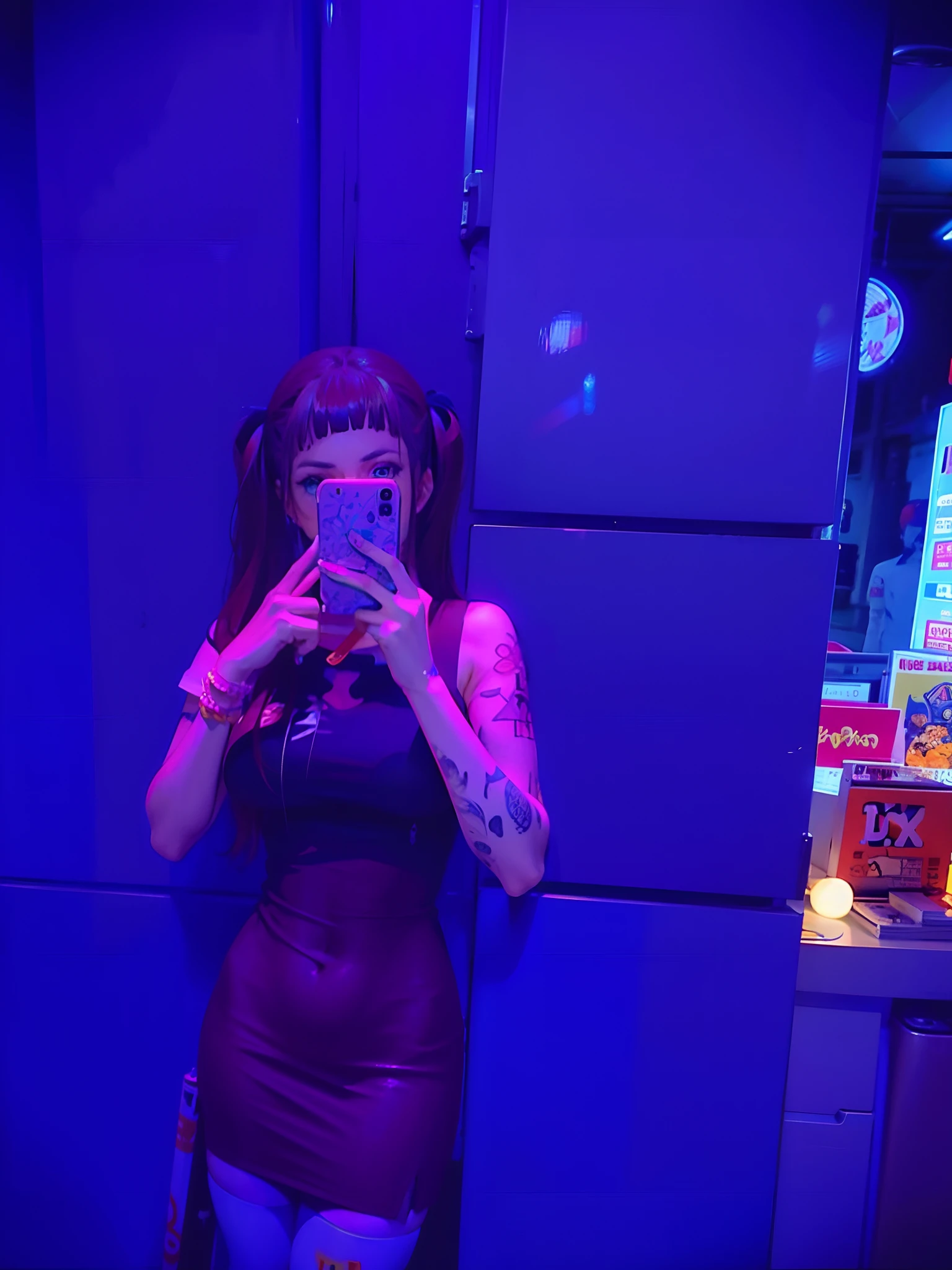 In the mirror there is a fair-skinned woman taking a selfie, Anime girl cosplay, maple story gun girl, trending at cgstation, Anime cosplay, Ayaka cosplay, White Cat Girl, roseanne park of blackpink, gogo dancer, rpgmaker, Junko Enoshima, smooth white tight clothes suit, jia, publicity cosplay, cosplay, lalisa manoban of blackpink