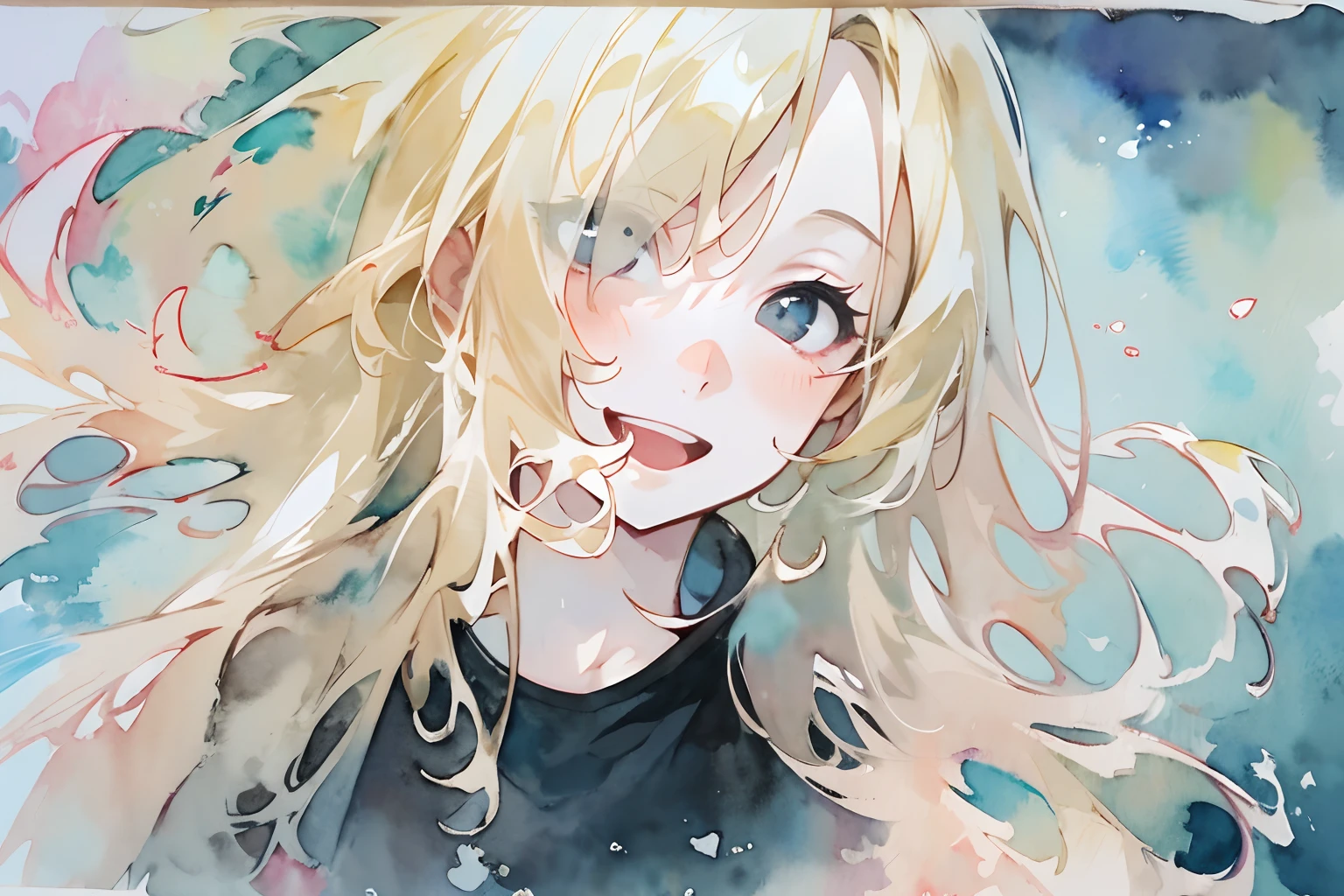 ((masutepiece)), (Professional Photography:1.2), (High Definition:1.3), Best Quality, (watercolor painting:1.3), from side, wide shot, blond hair, silky long hair, (black T-Shirts), age japanese cute girl, black eyes, (smile), open mouth, (simple white background:1.10), pale blue fine ink splashing