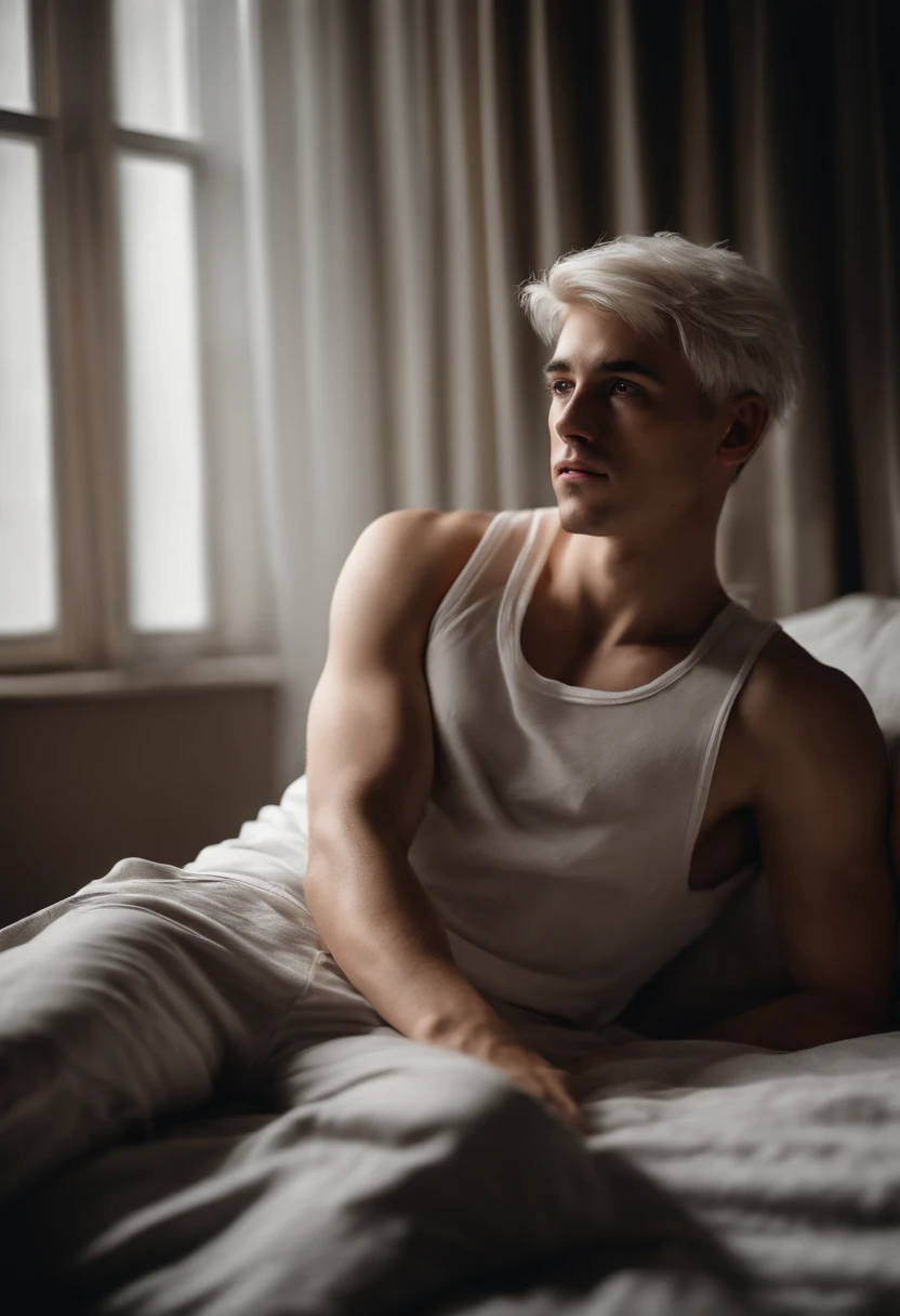 20-year-old male with white  hair, two block haircut , dressed in a plain white tank top, lying on a bed, pensive expression