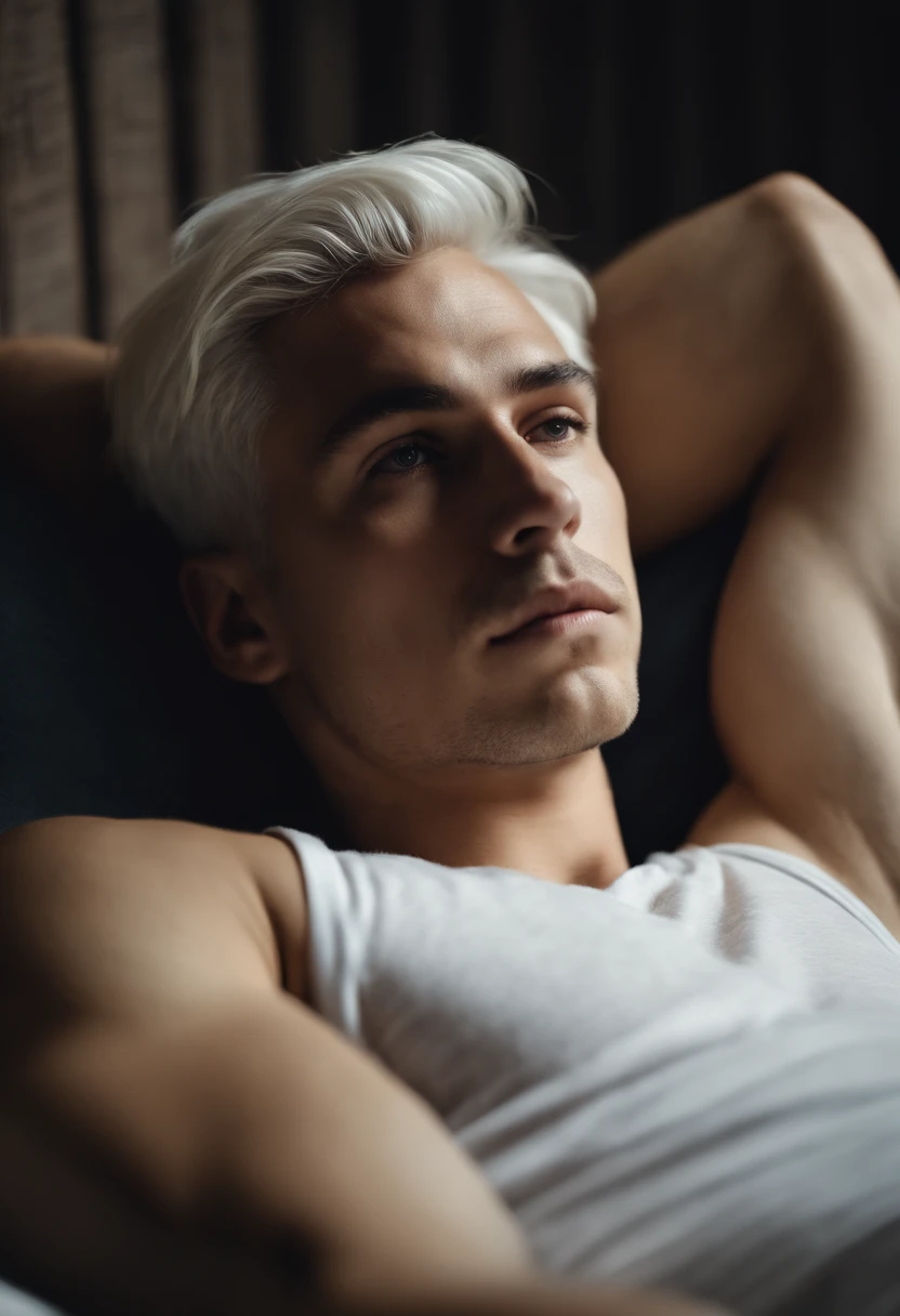 20-year-old male with white hair, two block haircut , dressed in a plain white tank top, lying on a bed, pensive expression