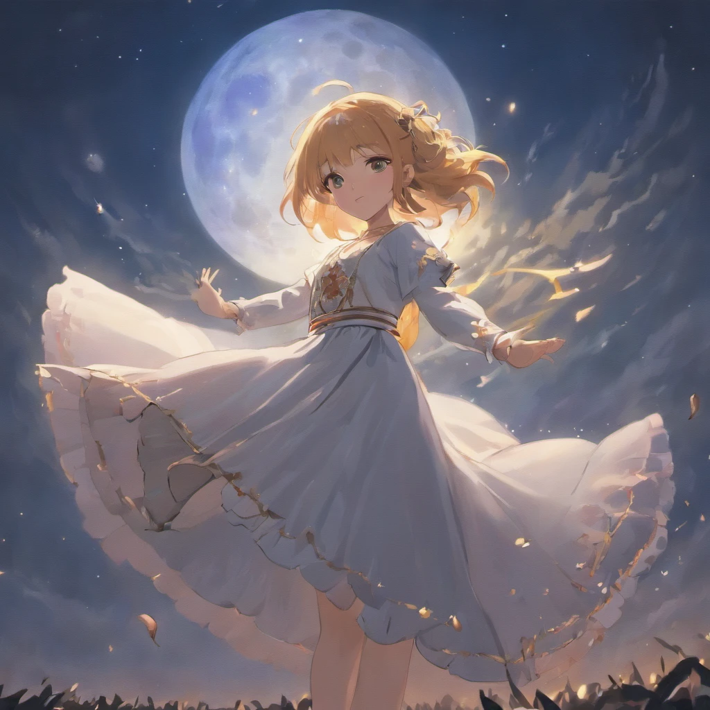 (masterpiece), (best quality), (ultra-detailed), 1girl, solo, Girl dancing with the full moon in the background, Traditional attire, Enchanting atmosphere, Poetic scene, The Moonlight Dance, moonlight, Romanticism, Close-up shot, Graceful movements, anime, full body