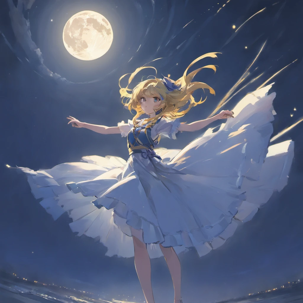 (masterpiece), (best quality), (ultra-detailed), 1girl, solo, Girl dancing with the full moon in the background, Traditional attire, Enchanting atmosphere, Poetic scene, The Moonlight Dance, moonlight, Romanticism, Close-up shot, Graceful movements, anime, full body