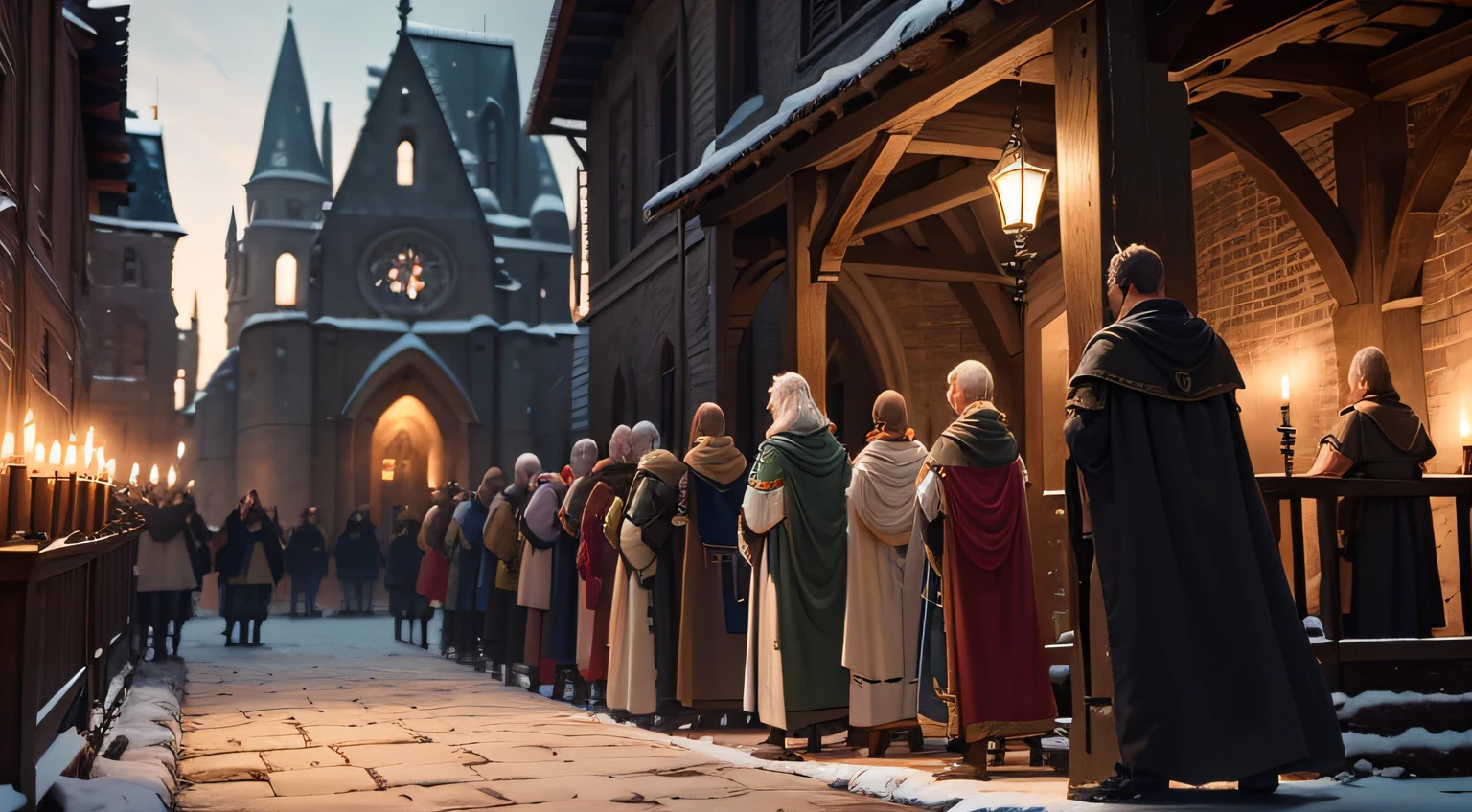 A group of medieval men perform a solemn oath-taking ceremony outside the church, (Best quality,4K,8K,A high resolution,Masterpiece:1.2), Ultra-detailed, (Realistic,Photorealistic,photo-realistic:1.37), hdr, hyper HD, Studio lighting, Extreme detail description, professional, Vivid colors, Bokeh, sportrait, landscape, (Medieval textures, Aging textures), The candlelight is dim.