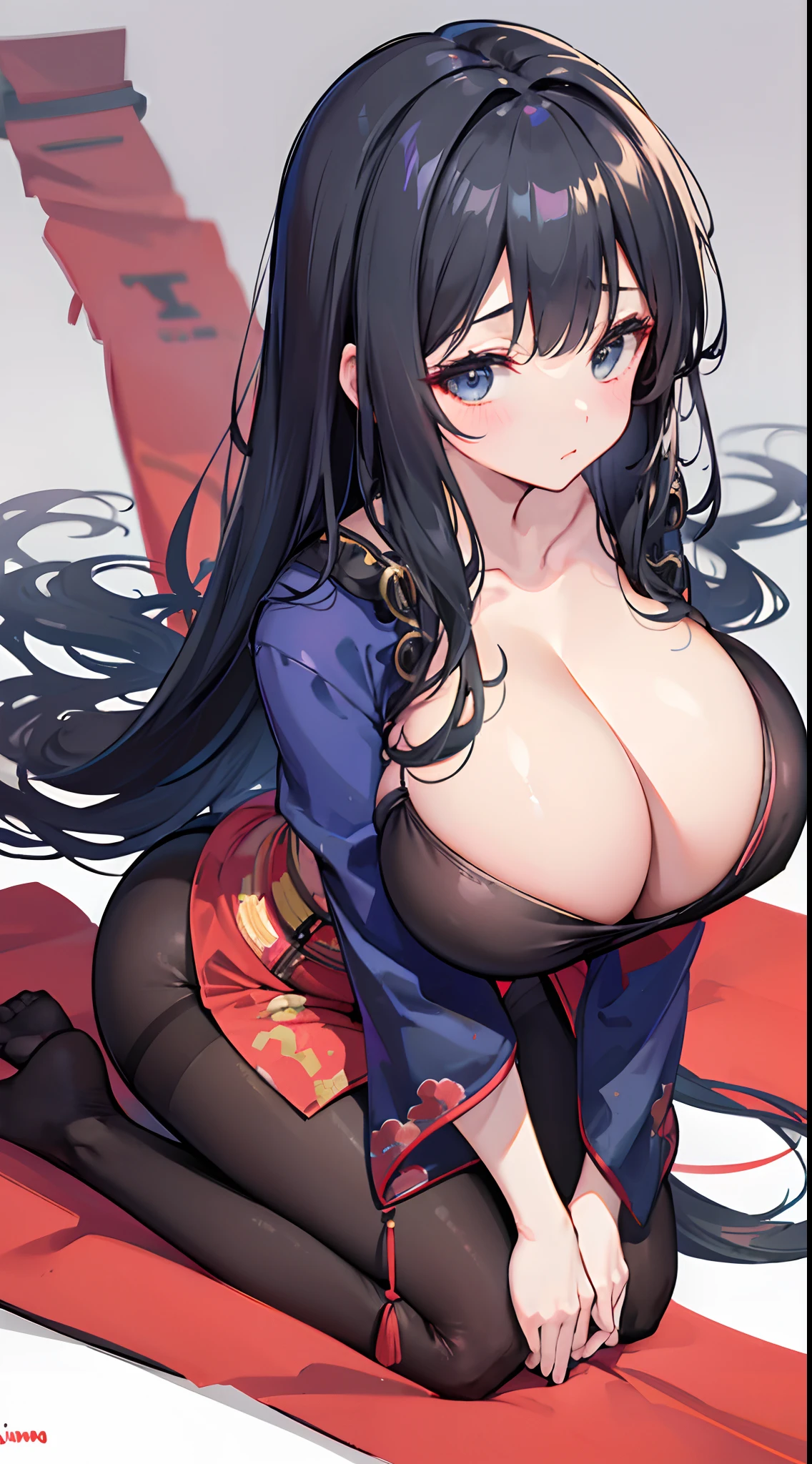 No shoes, solo person, Solo,Black pantyhose,(gigantic cleavage breasts:1.5),Japan kimono,curlies,Full body like,Attention,Shy