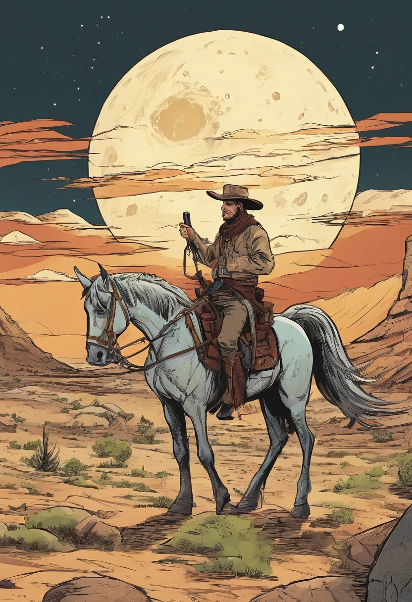 A man on a horse in front of a full moon, Horseback riding on the moon, a cowboy, Cowboy on the track, Back photo of a cowboy, In the Wild West, Cowboy in the Strange West, The Wild West, The Lone Security Guard, Cowboy Dream, comics, Inspired by Westerns, The Lone Rider, Stage Director: Cindy Wright, Space Western, Photo of the lunar rover