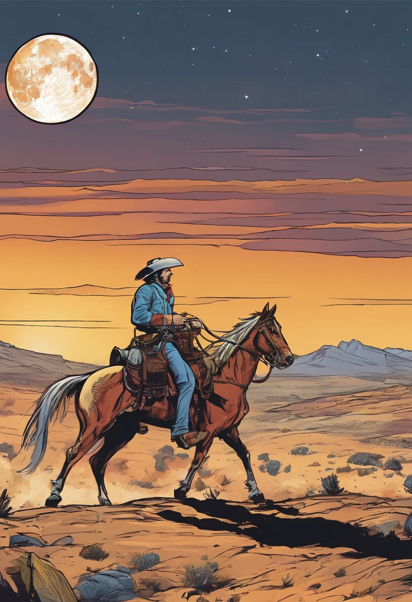 A man on a horse in front of a full moon, Horseback riding on the moon, a cowboy, Cowboy on the track, Back photo of a cowboy, In the Wild West, Cowboy in the Strange West, The Wild West, The Lone Security Guard, Cowboy Dream, comics, Inspired by Westerns, The Lone Rider, Stage Director: Cindy Wright, Space Western, Photo of the lunar rover