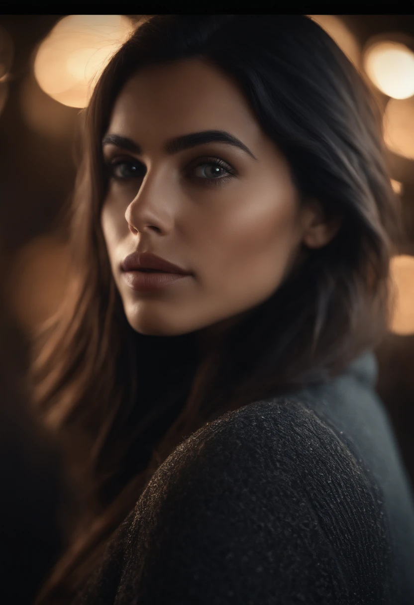 1 woman, 4k, gorgeous face, black hair, long hair, ultra high res,masterpiece,best quality, very detailed face,detailed eyes,extremely intricate,perfect glossy shiny skins,perfect lighting,detailed lighting,dramatic shadows,ray tracing, 1girl,upper body,black sweater,looking at viewer, portrait