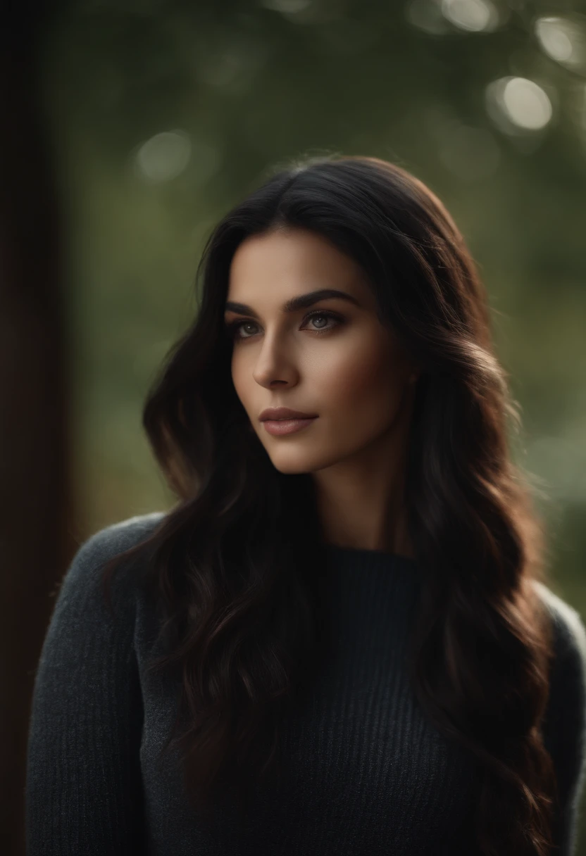 1 woman, 4k, gorgeous face, black hair, long hair, ultra high res,masterpiece,best quality, very detailed face,detailed eyes,extremely intricate,perfect glossy shiny skins,perfect lighting,detailed lighting,dramatic shadows,ray tracing, 1girl,upper body,black sweater,looking at viewer, portrait