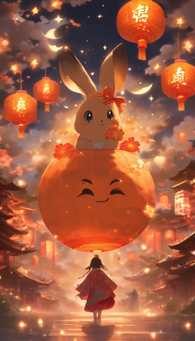 Mid-Autumn Festival，the night，starlights，Clouds，themoon，Orange plain，edgBunny，Moon cake，（Don't show portraits：1.5）