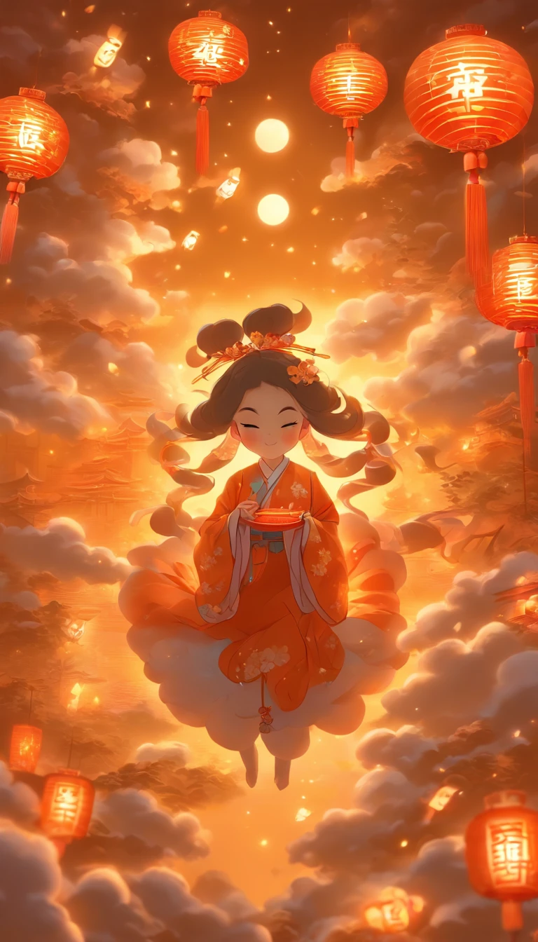 Mid-Autumn Festival,the night,starlights,Clouds,themoon,Orange plain,edgBunny,Moon cake,(Don't show portraits:1.5)