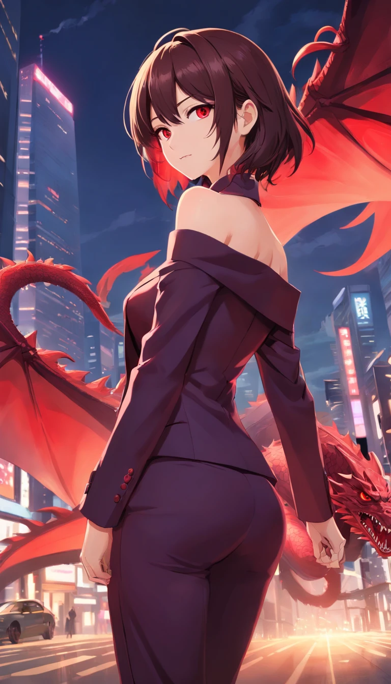 Anime girl wearing suit，With a tie，Cleavage off-the-shoulder，Large breasts，The background is a dragon, dragon - inspired suit, by Yang J, human and dragon fusion, Beautiful Japanese demon girl, Beautiful girl in demon slayer art, epic and classy portrait, trends in art station, crimson attire, Black and red suit, highly detailed exquisite fanart, Beautiful female vampire