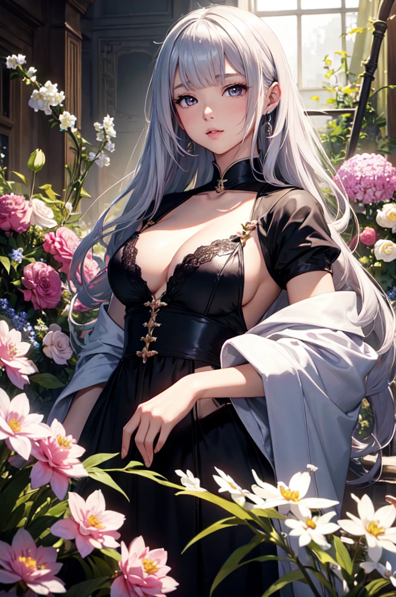 Luxurious robes,(small tits), Colossal, Twin-tailed, Silver hair, Priest, Side, Saint, Nasty,lowerbody,(best quality, 8k, masterpiece:1.2, ,ultra-detailed,realistic,photorealistic),Cutest,Cute girl,solo,mesugaki,Beautiful face,Beautiful eyes,Beautiful hair,Beautiful skins,skin whitening, light skinned,Lots of colorful flowers,studio lighting,ultra-fine painting,sharp focus,physically-based rendering,extreme detail description,professional,vivid colors,photography,concept artists,soft pastel colors,warm lighting.