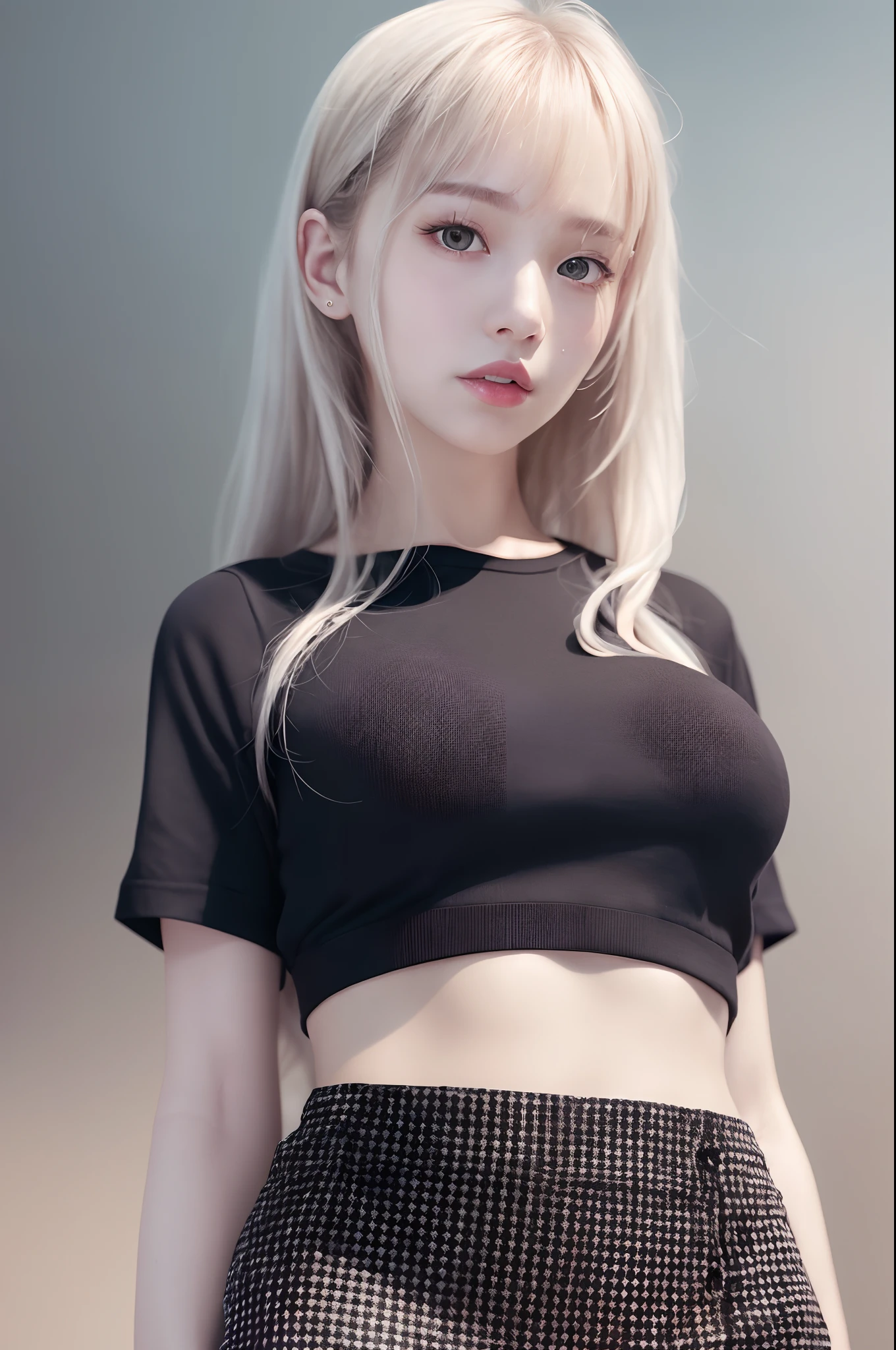 mix4,ulzzang -6500-v1.1, pureerosface_v1, 1girl in,beautiful vintage color, Instagram (Photorealistic, High resolution:1.4), ((Puffy eyes)), Looking at Viewer, Full body (8K, Raw photo, Best Quality, masutepiece:1.2), (Realistic, Photorealsitic:1.37),(Sharp Focus:1.2), Professional Lighting, Photon mapping, Radio City, Physically-based rendering, (pale skin:1.2),huge tit, Looking at Viewer, Middle hair, Portrait, Purple eyes, Wet clothes(sliver hair:1.1),Bangs, (Simple background:1.4), Solo, Upper body, White background,Realistic,(masutepiece:1.4),(Best Quality:1.4),(Shiny skin),makeup,Red lips,Smile(skinny,Closed mouth,Shy:1.3),Black shirt short sleeves,Black pencil short skirt,Black tight skirt,school unifrom