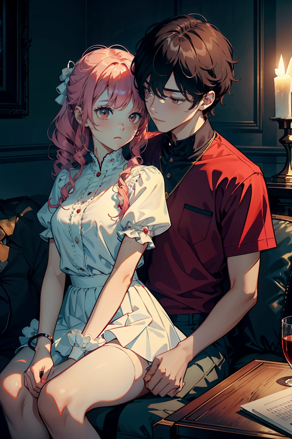 masterpiece, best quality, super detailed, illustration, beautiful detailed eyes, close up, a girl and a boy on the sofa, girl pink hair white skirt, boy black hair and black suit clothes pants, girl and boy hugging kissing on sofa