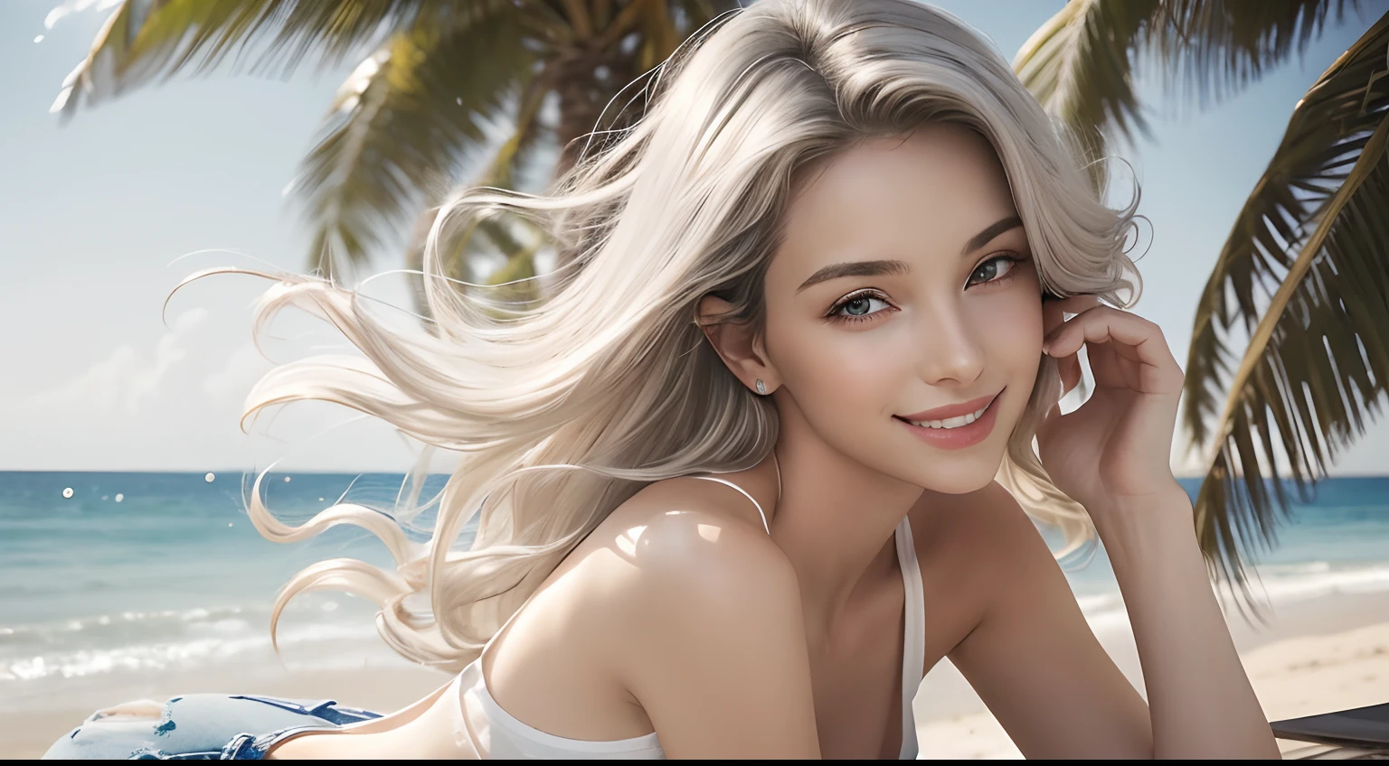 (Masterpiece, Best Quality, Photorealistic, high resolucion, photography, :1.3), Close-up shots of faces, Close-up shots of faces, Close-up shots of faces,  Sharp focus, (1 Girl, A European girl, Popular models), Realistic skin, Slender body type, Big breasts, (Her long, Pure white silver hair swept to the side, extremely detailed hair), Delicate sexy face, Organoleptic gases, Sparkling lips, ((realisitic, A hyper-realistic, realism, realistic detailed)), (Medium Tits:1.5), (White tank top T-shirt and ripped jean shorts), (A slender waist), (slim thigh), (Small hips), (Sorrisos),  (seaside, waves, palm tree) (seaside, waves, palm tree), (Long straight hair), A woman is standing, (Sorrisos), (Sorrisos)