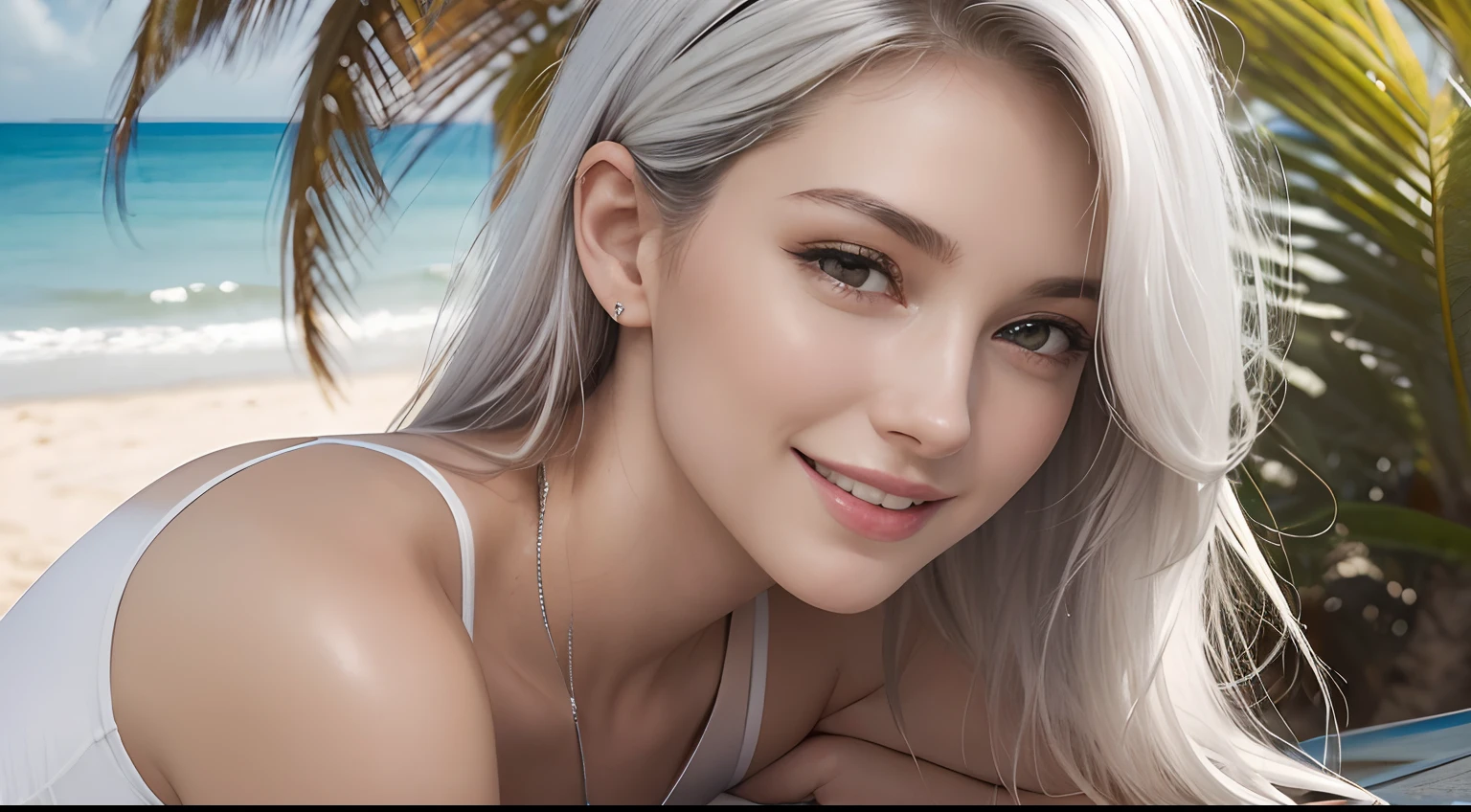 (Masterpiece, Best Quality, Photorealistic, high resolucion, photography, :1.3), Close-up shots of faces, Close-up shots of faces, Close-up shots of faces,  Sharp focus, (1 Girl, A European girl, Popular models), Realistic skin, Slender body type, Big breasts, (Her long, Pure white silver hair swept to the side, extremely detailed hair), Delicate sexy face, Organoleptic gases, Sparkling lips, ((realisitic, A hyper-realistic, realism, realistic detailed)), (Medium Tits:1.5), (White tank top T-shirt and ripped jean shorts), (A slender waist), (slim thigh), (Small hips), (Sorrisos),  (seaside, waves, palm tree) (seaside, waves, palm tree), (Long straight hair), A woman is standing, (Sorrisos), (Sorrisos)