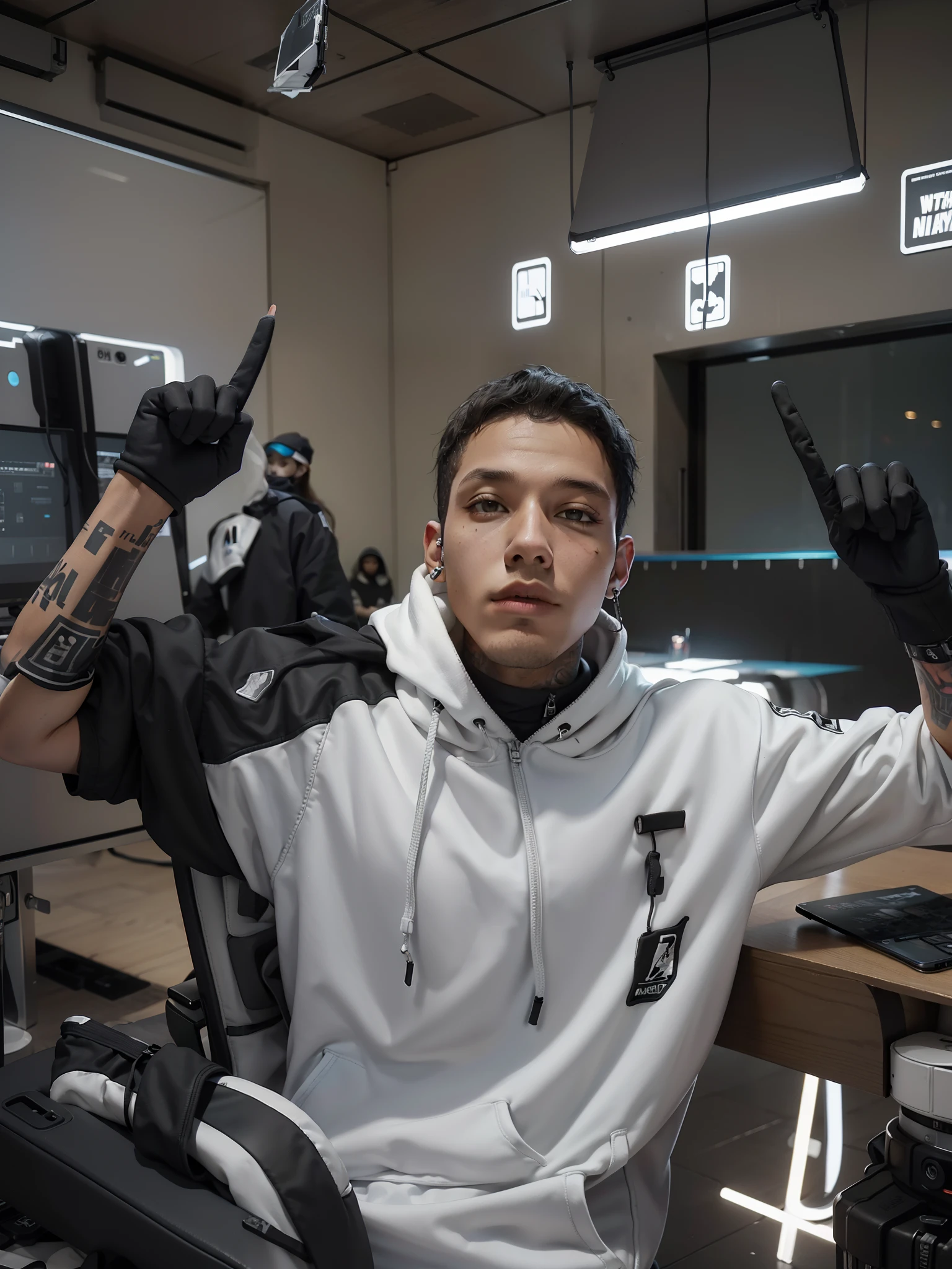 boy in black hat and white hoodie, he is wearing streetwear, man in streetwear, photo of man in tech clothes, brunette boy in hoodie, cyberpunk streetwear, portrait of neymar in football, 2 bit tech Clothing man wearing space techwear Neymar from Al- hilal football wearing cyberpunk streetwear street fashion e-boy