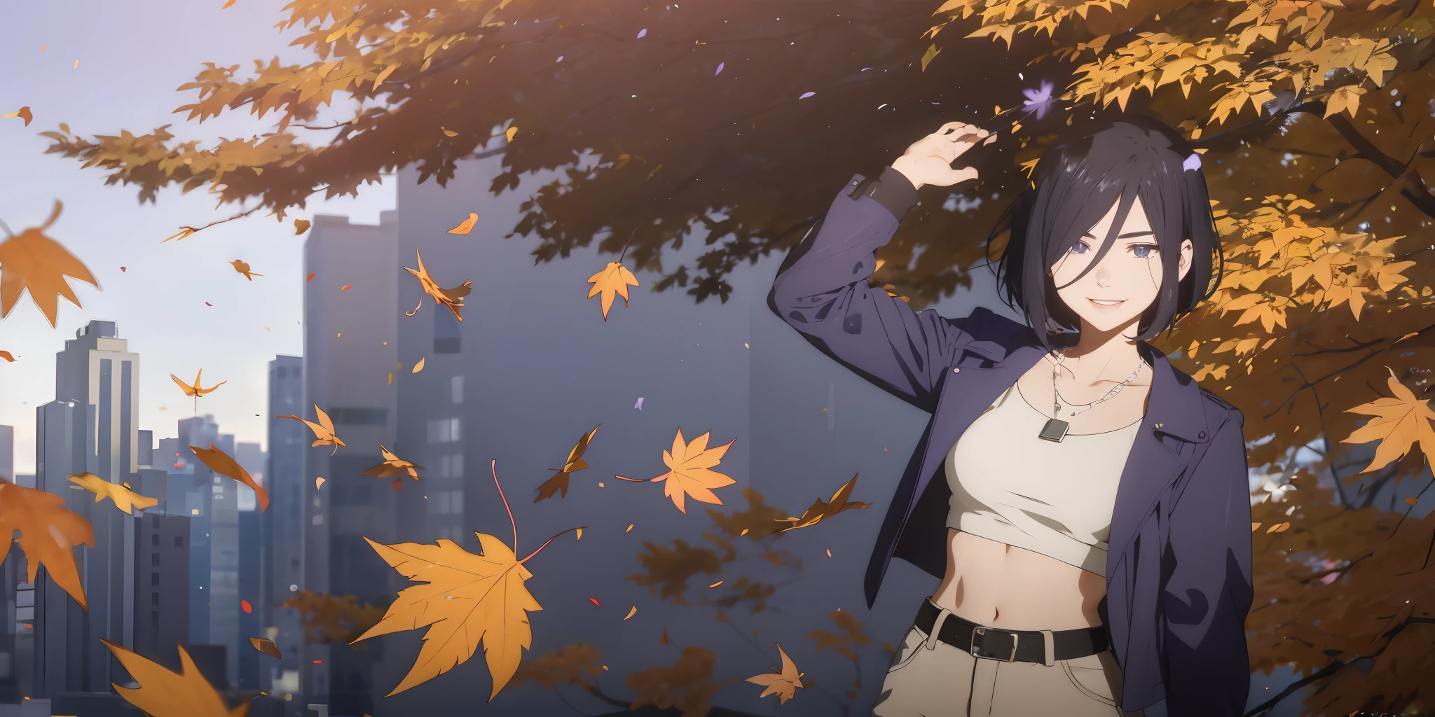 izumi_nase, (short hair, black hair, purple eyes:1.4), jewelry, necklace, 1girl, long_hair, gloves, navel, blue_eyes, midriff, blonde_hair, wind, open_mouth, solo, confetti, autumn_leaves, pants, petals, black_gloves, smile, belt, breasts, jacket, falling_leaves, looking_at_viewer, autumn, black_pants, parted_bangs, crop_top, :d, forehead, floating_hair, stomach, medium_breasts, leather_jacket, outdoors, leaf, standing, artist_name, fire, open_clothes, long_sleeves, wind_lift, leather