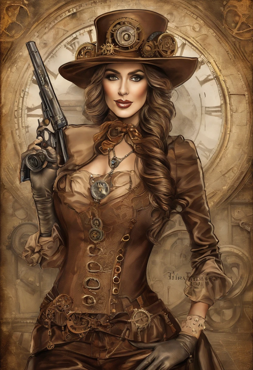 There is a woman in a Steam Punk hat and with a gun in her hands., steampunk girl, in steampunk costumes, Steampunk Inventor Girl, (steampunc), ( steampunc ), steampunk style, steam punk, Steampunk fiction, steampunk aesthetic, The beautiful goddess of steampunk, steampunk beautiful anime woman, steampunc, Steampunk fantasy, steampunk fantasy style, steampunk art, steampunk digital art, steampunk clothes