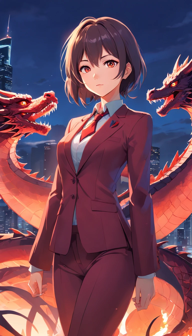 Anime girl in suit,cropped shoulders,Large breasts,The background is a dragon, dragon - inspired suit, by Yang J, human and dragon fusion, Beautiful Japanese demon girl, Beautiful girl in demon slayer art, epic and classy portrait, trends in art station, crimson attire, Black and red suit, highly detailed exquisite fanart, beautiful female vampire