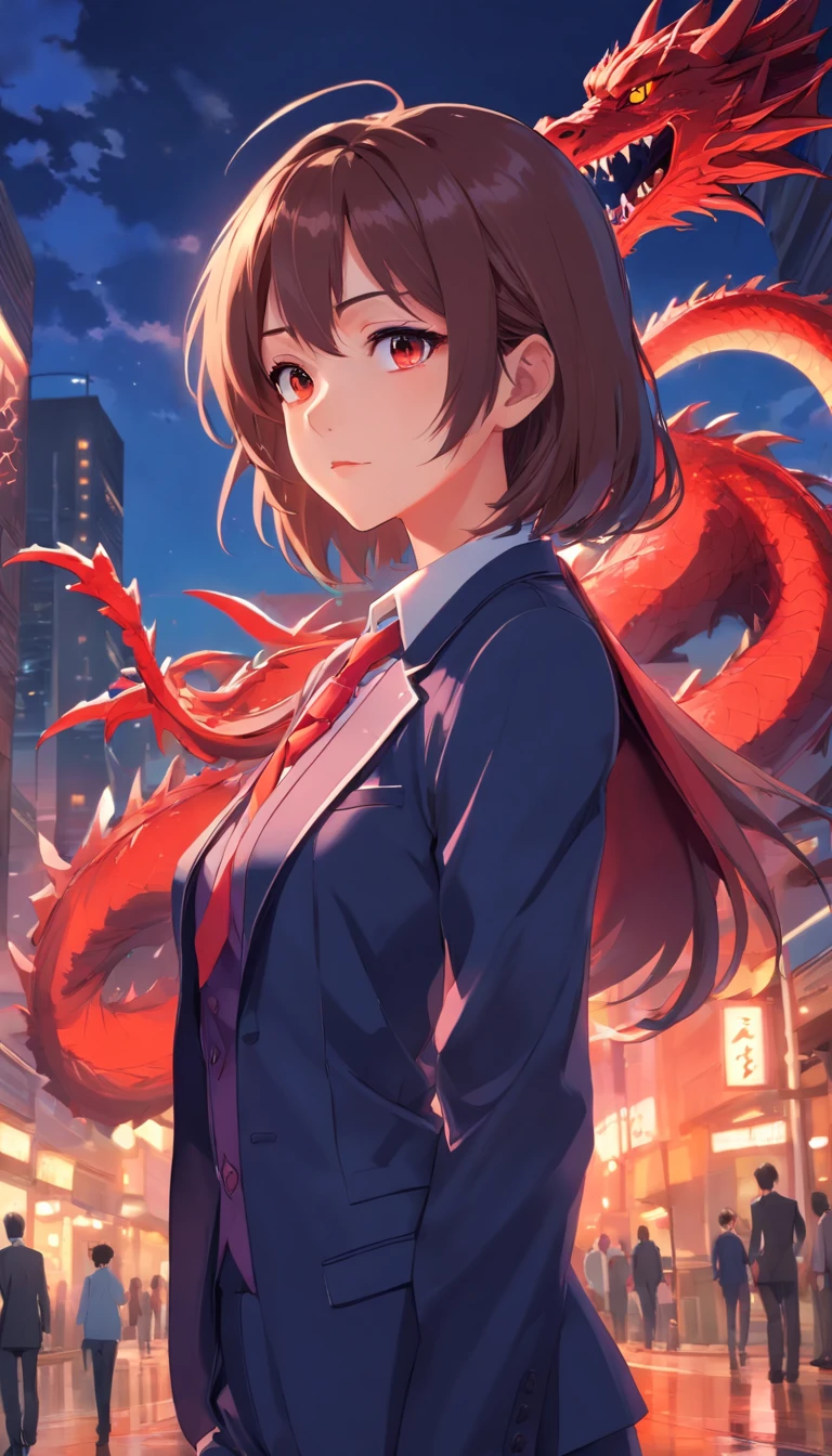 Anime girl in suit,cropped shoulders,Large breasts,The background is a dragon, dragon - inspired suit, by Yang J, human and dragon fusion, Beautiful Japanese demon girl, Beautiful girl in demon slayer art, epic and classy portrait, trends in art station, crimson attire, Black and red suit, highly detailed exquisite fanart, beautiful female vampire